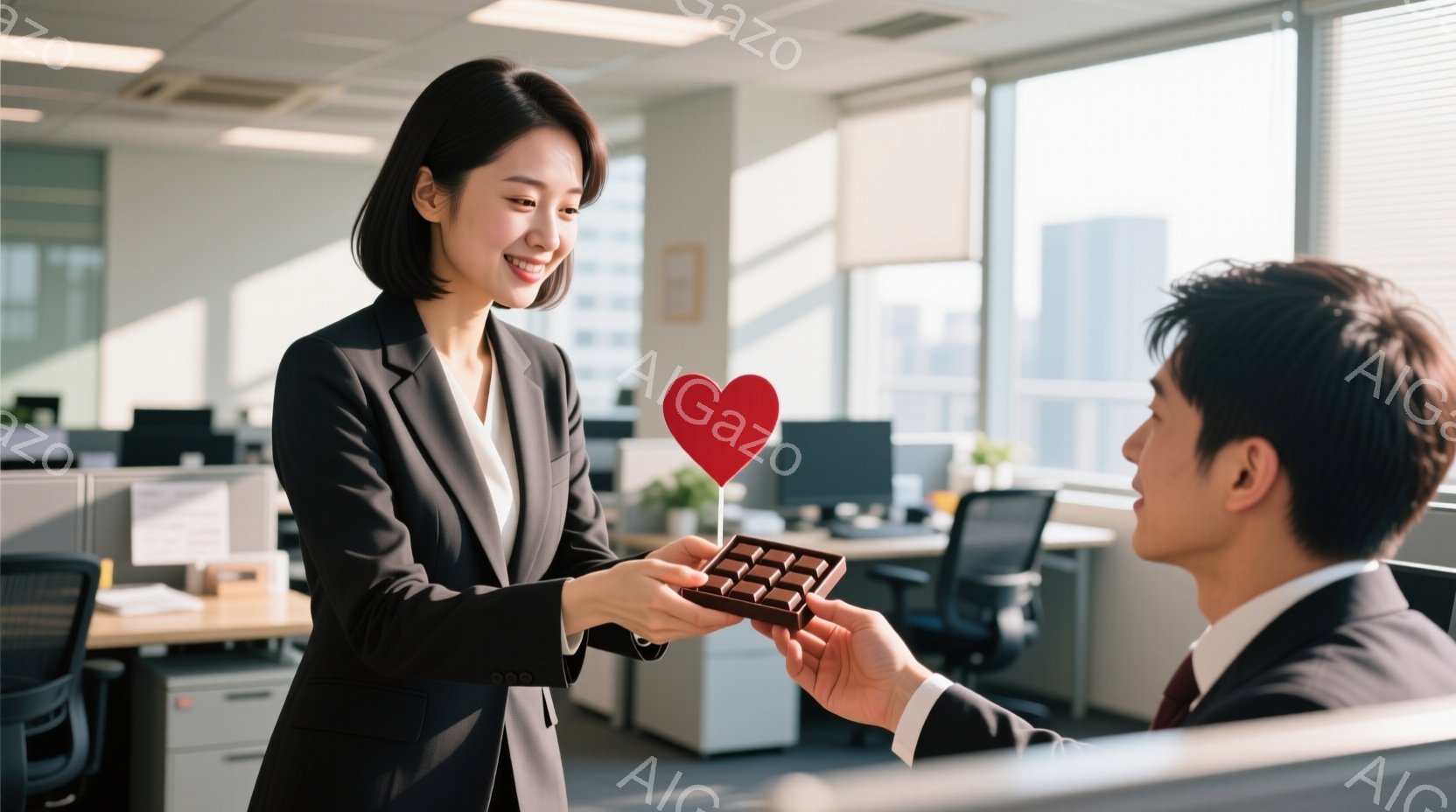 一人の女性が、チョコレートの入った箱を赤いハートの飾りを付けた棒で男性に差し出しています。女性は黒いスーツに身を包み、微笑んでおり、男性は赤いネクタイを締めたスーツ姿で、チョコレートを受け取ろうとしています。背景にはオフィスがあり、窓から都市の景色が見え、明るい日差しが差し込んでいます。