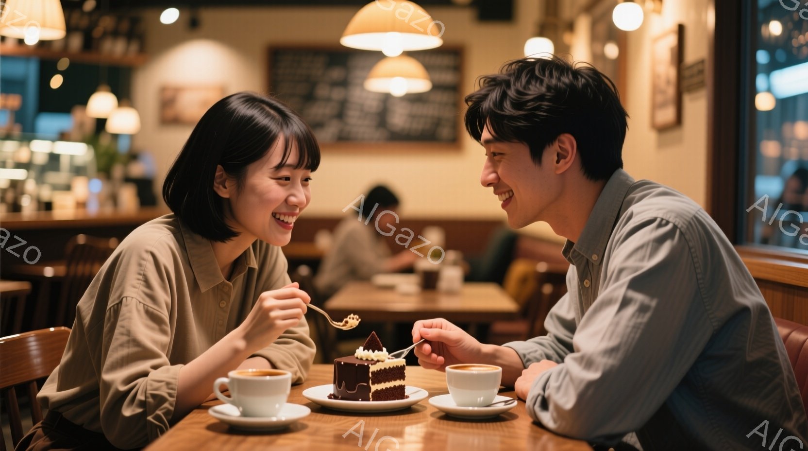 若い男女がカフェでケーキを分け合って微笑んでいます。女性は茶色の短い髪で、ベージュ色のシャツを着ており、男性は黒髪で、青いシャツを着ています。背景には、ぼやけたカフェの様子が見え、暖かく親密な雰囲気が - AI生成フリー素材