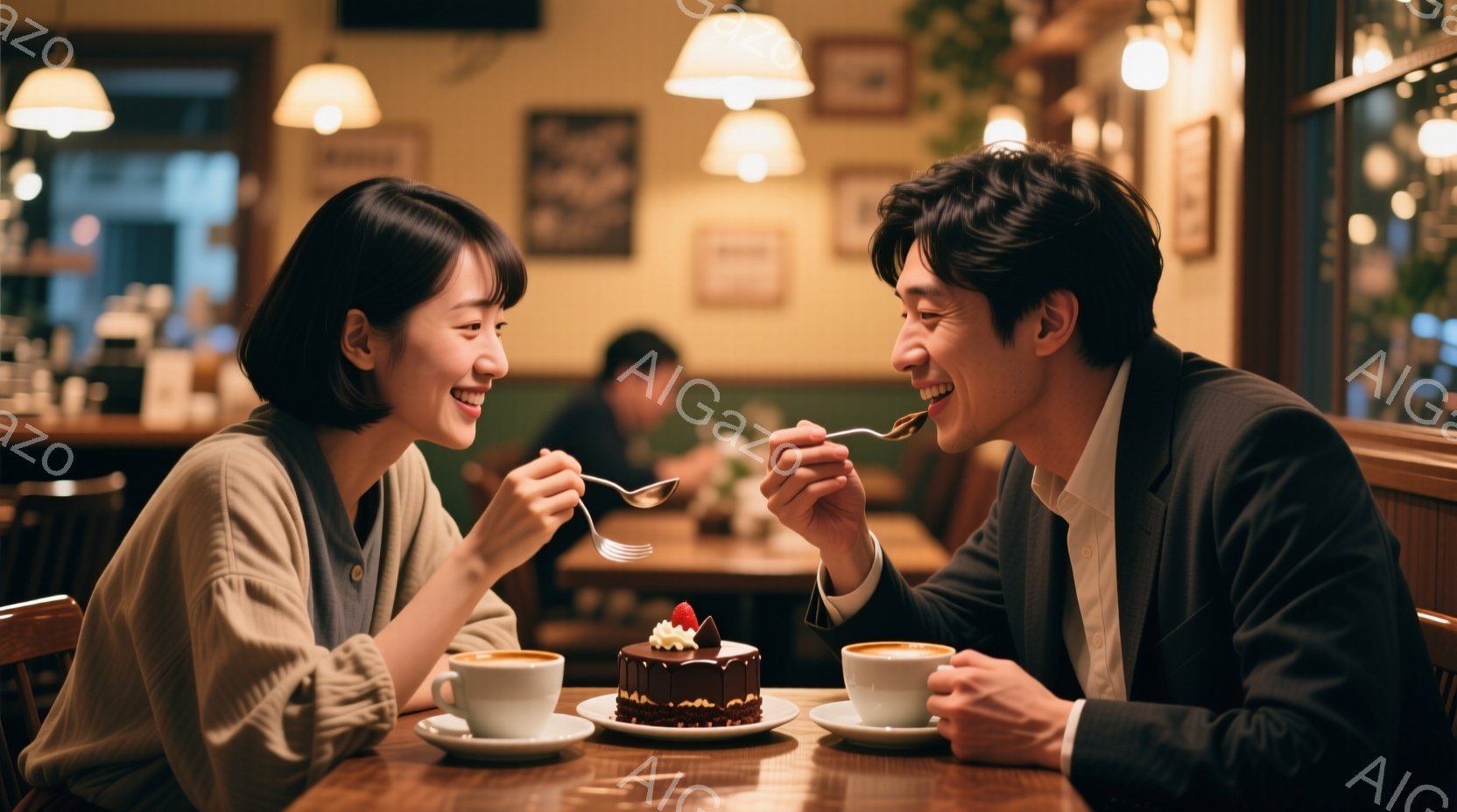カフェでチョコレートケーキを共有する若い男女が写っています。女性は明るい茶色の髪で、クリーム色のセーターを着ています。男性はダークカラーのスーツに身を包み、ケーキをフォークで女性に食べさせようとしており、二人は笑顔で目を見つめ合っています。
