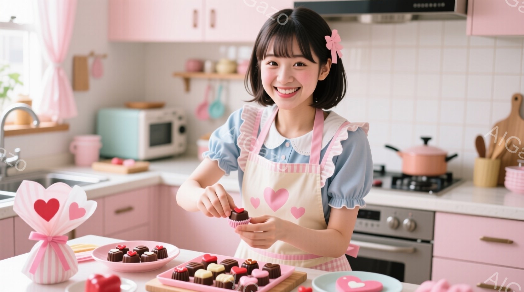 ピンク色のキッチンで、明るい笑顔の女性がチョコレートをデコレーションしています。淡い水色のブラウスにピンクと白のストライプのエプロンを着用し、髪は前髪を出し、サイドを少しカールさせたスタイルです。背景には、ピンク色の冷蔵庫や調理器具、そして可愛らしいハート型のラッピングなどが写っており、バレンタインデーの準備をしているような温かく幸せな雰囲気が漂っています。
