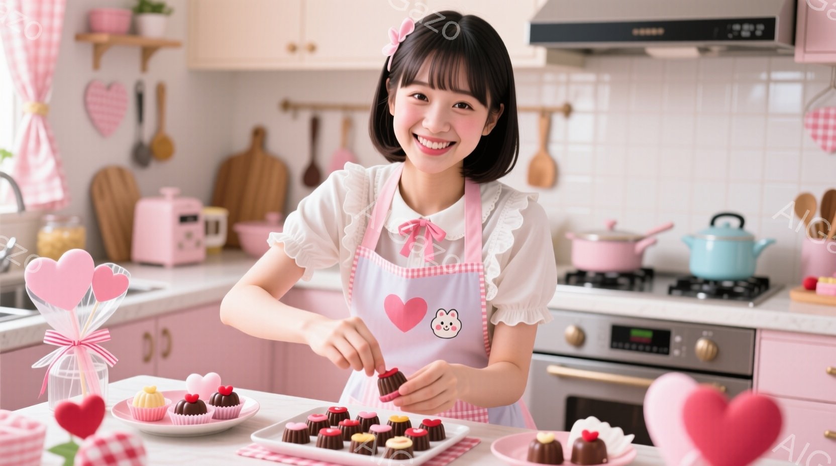 明るいピンク色のキッチンで、茶髪の女性がエプロンを着てチョコレートをトレイに並べています。彼女は微笑んでおり、前髪を短くした可愛らしいヘアスタイルです。背景には、ピンクの調理器具やハート型の装飾が散りばめられ、バレンタインデーを連想させる温かい雰囲気が漂っています。