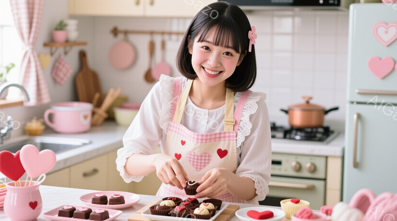 明るいキッチンで、ピンク色のギンガムチェックのエプロンをつけた女性がチョコレートをデコレーションしています。彼女は黒いストレートヘアで、笑顔で何かを作っている様子です。背景には水色の冷蔵庫や調理器具が見え、全体的に温かく幸せな雰囲気が漂っています。