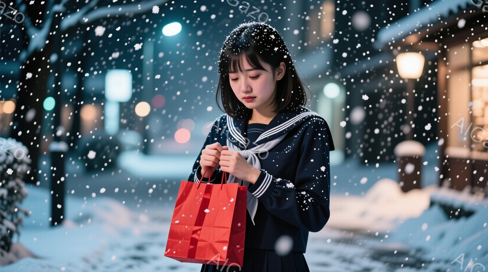 紺色のセーラー服を着た若い女性が写っています。彼女は短い黒髪で、やや憂いのある表情で赤いショッピングバッグを抱えています。背景は雪が降る夜の街並みで、街灯や雪に覆われた建物がぼんやりと見え、全体的に静 - AI生成フリー素材