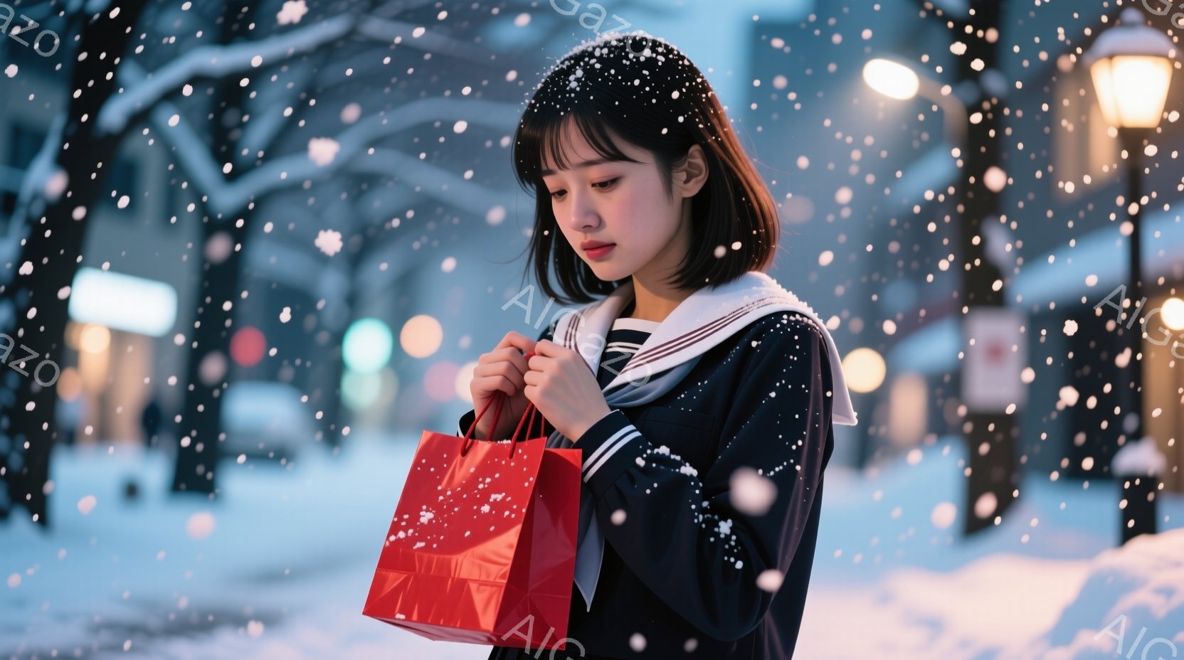 紺色の制服を着た若い女性が描かれています。彼女は前髪を下ろしたダークブラウンのショートヘアで、少し憂いを含んだ表情で赤いショッピングバッグを持っています。背景は雪が降る夜の街並みで、ぼんやりと光る街灯 - AI生成フリー素材
