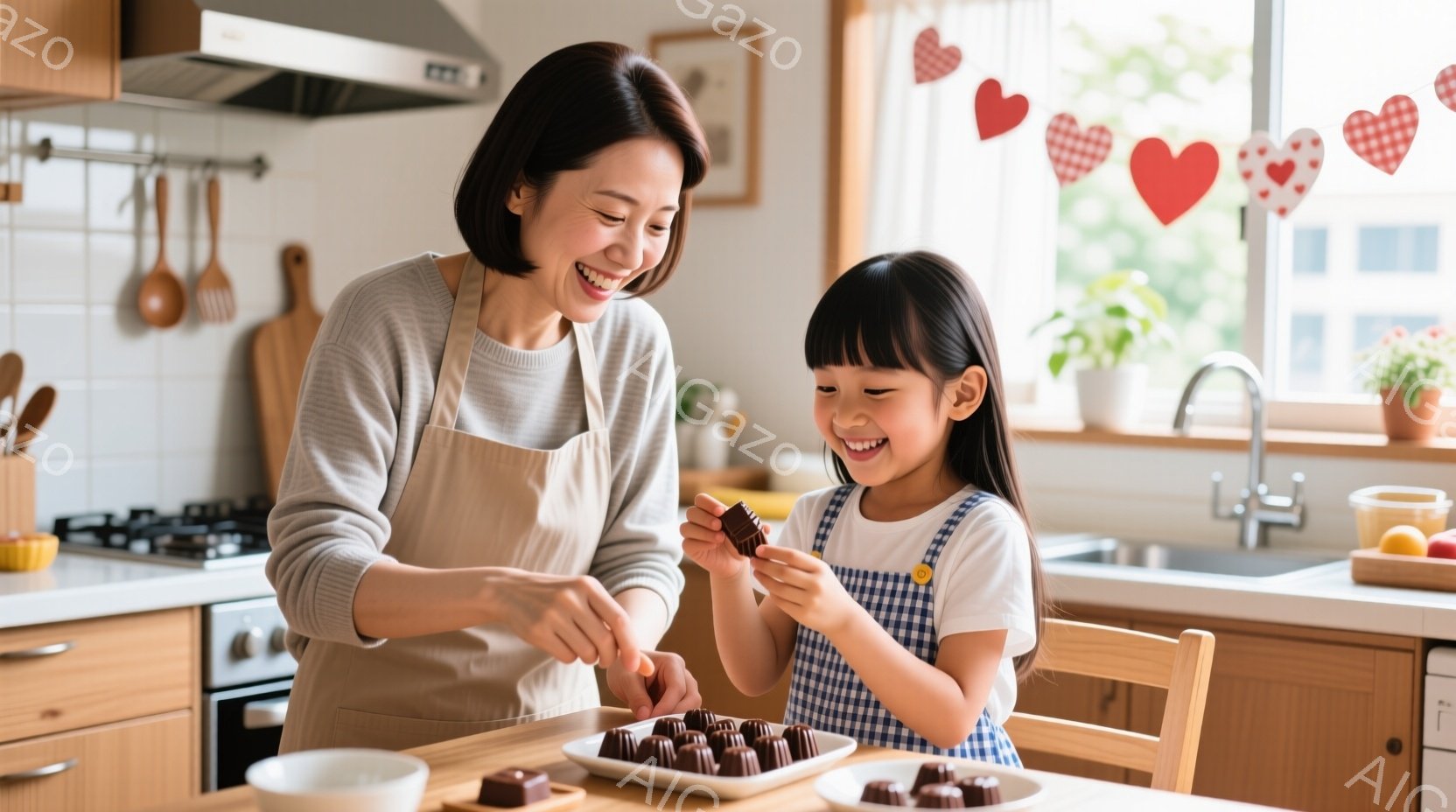 明るいキッチンで、エプロンをつけた女性と、チェック柄のワンピースを着た幼い女の子がチョコレートを作っています。女性はチョコレートをトレイに並べ、女の子はチョコレートを手に持って嬉しそうに微笑んでいます - AI生成フリー素材