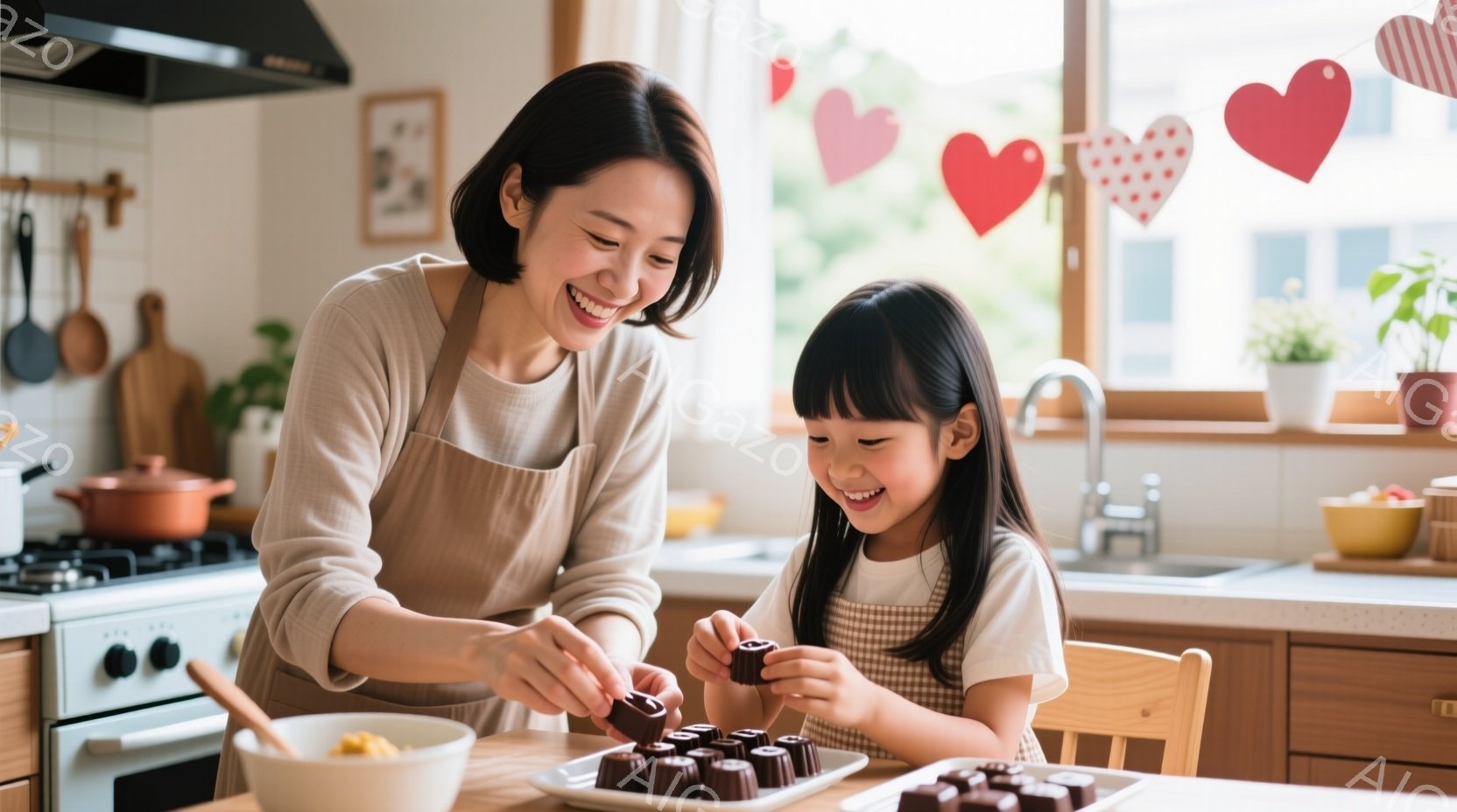 温かいキッチンで、エプロンをつけた女性と、幼い女の子がチョコレートをデコレーションしています。女性は笑顔で何かを添え、女の子も楽しそうにチョコレートを手に取り、嬉しそうに笑っています。背景には、調理器具や観葉植物、そしてハート型のガーランドが見え、家庭的で幸せな雰囲気が漂っています。