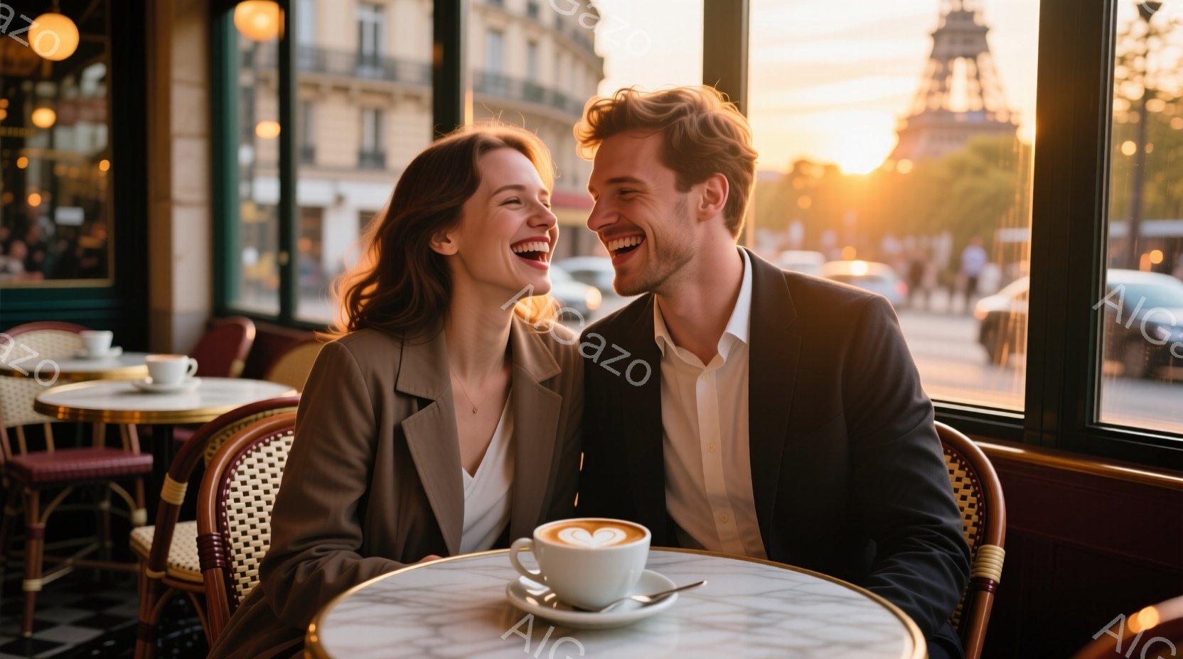 パリのカフェで、若い男女が向かい合って笑顔で会話を楽しんでいる。女性は明るい茶色の髪で、ベージュのジャケットと白いトップスを着ており、男性は白いシャツに黒いジャケットを羽織っている。背景にはエッフェル塔が見え、夕暮れ時の暖かく優しい光がカフェ全体を包み込み、ロマンチックで親密な雰囲気を醸し出している。