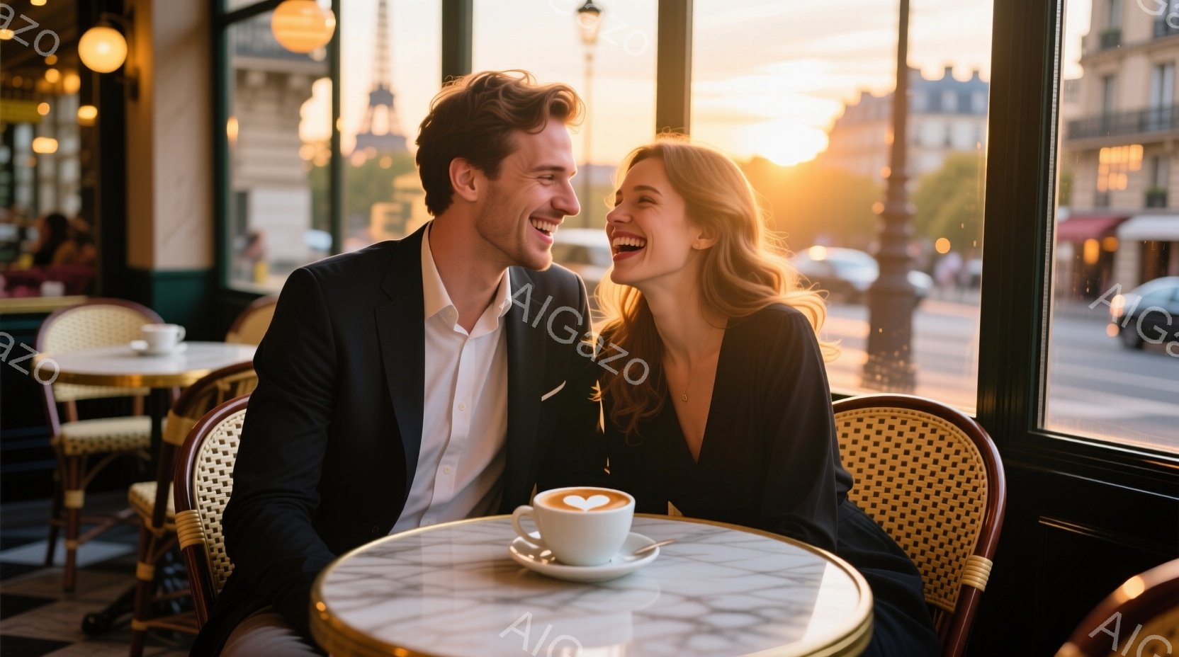 パリのカフェで、笑顔で向き合う男女が写っている。男性は黒いジャケットと白いシャツを着ており、女性は黒いドレスを着て、髪を緩く巻いている。背景にはエッフェル塔が見え、夕暮れ時の暖かくロマンチックな雰囲気が漂っている。
