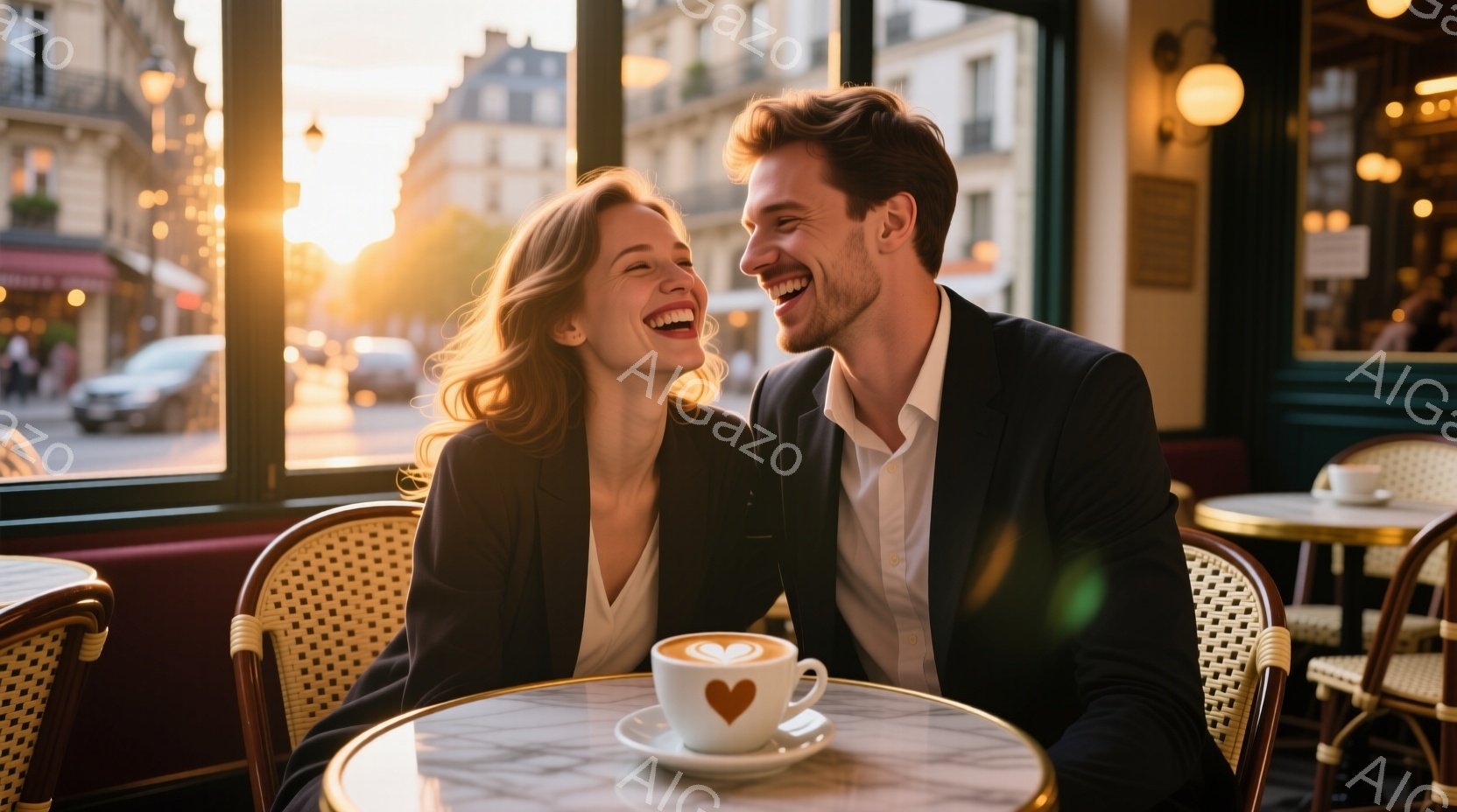 明るいカフェの窓際に、笑顔の男女が向かい合って座っている。女性はブロンドの髪を無造作にまとめ、白いシャツに黒いジャケットを羽織り、満面の笑みを浮かべている。男性も白いシャツに黒いジャケットを着ており、 - AI生成フリー素材