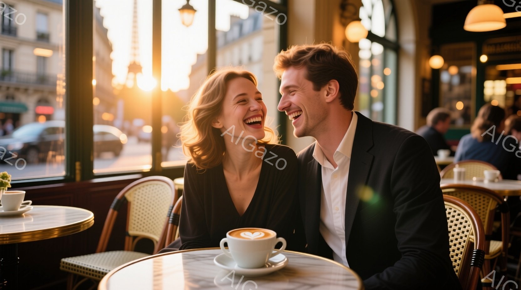 窓際のカフェで、笑顔の男女が親密そうに寄り添っている。女性は黒いVネックのトップス、男性は黒いジャケットに白いシャツ姿で、リラックスした雰囲気だ。背景にはエッフェル塔がぼんやりと見え、夕暮れ時のパリの街並みが暖かく、ロマンチックな雰囲気を醸し出している。