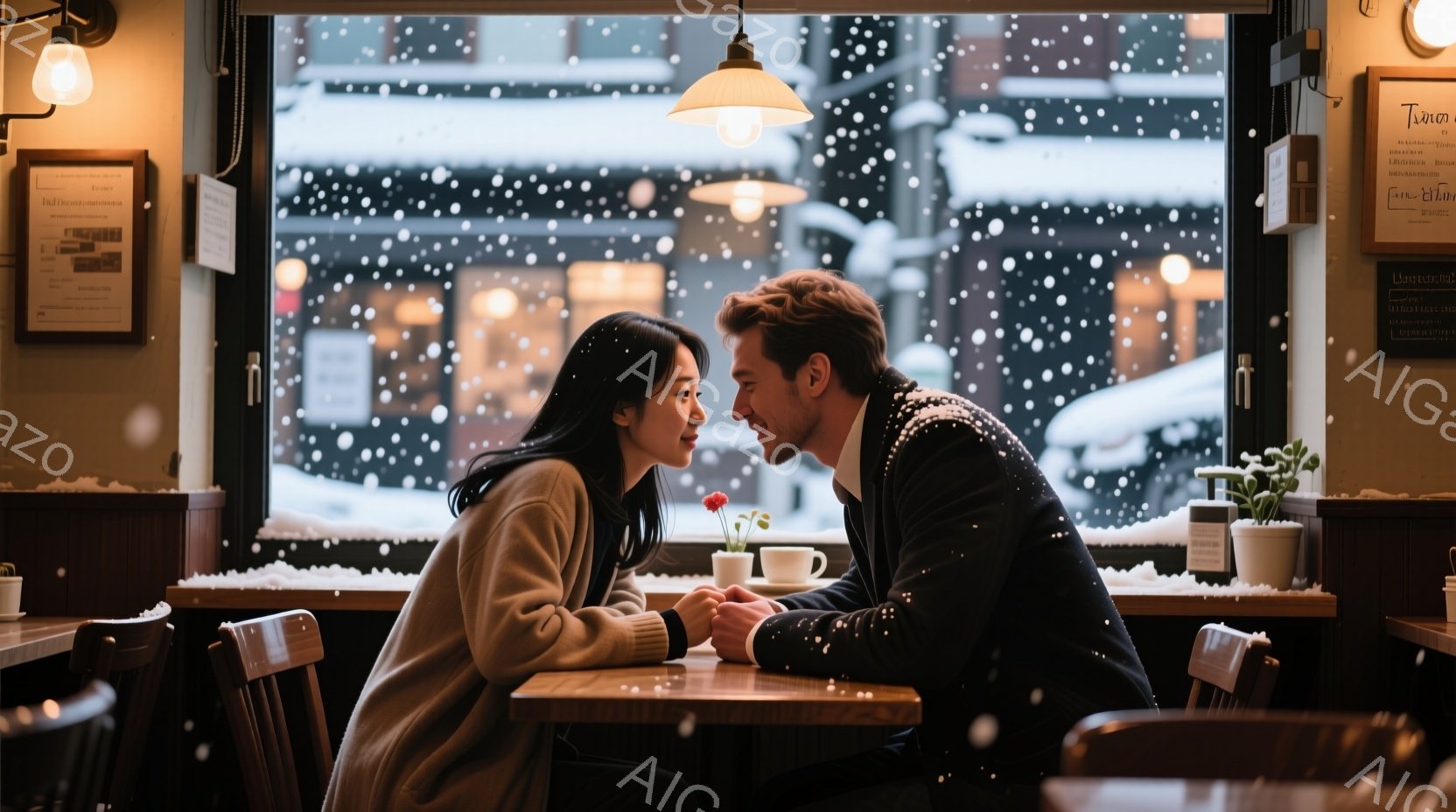 暖炉のあるカフェで、若い男女が向かい合って座っています。女性は長い黒髪でベージュのセーターを着ており、男性は濃い髪で紺色のジャケットを着ています。二人は互いに微笑み合い、手をつないでおり、外は雪が降り - AI生成フリー素材