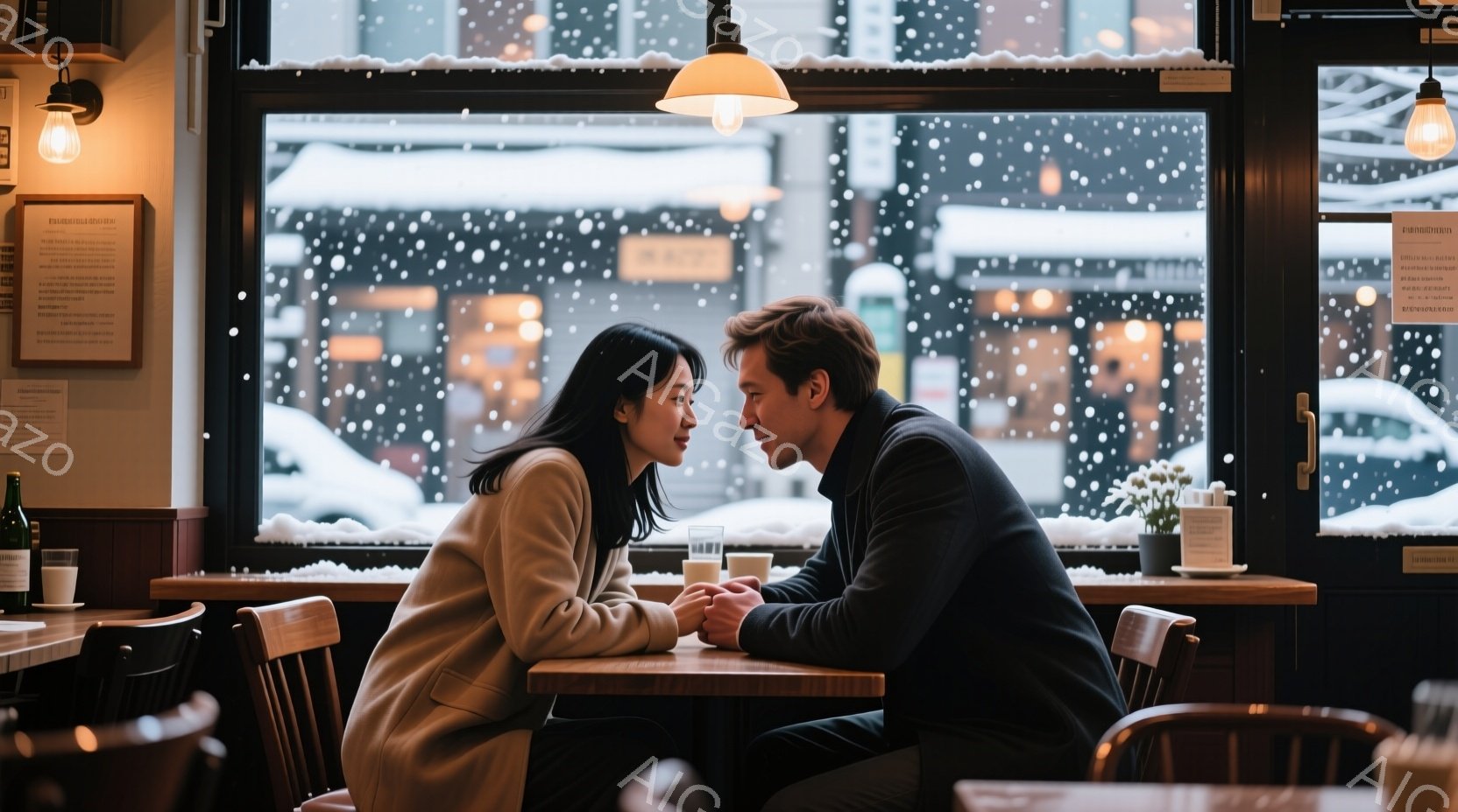 窓際のテーブルで男女が向かい合って座っており、互いに微笑み合い、親密な雰囲気です。女性はベージュ色の長いコートを着ており、黒髪を肩まで伸ばしています。背景は雪が降り積もる街並みで、カフェの店内は温かい - AI生成フリー素材