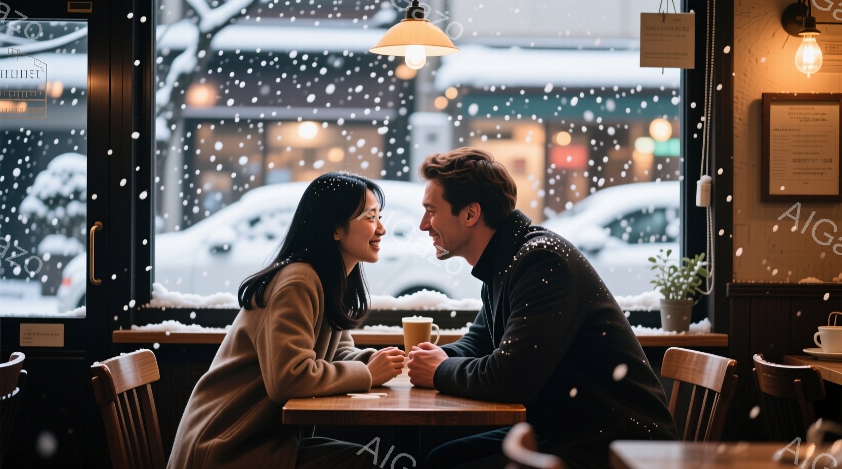 窓際のカフェで、若い男女が向かい合って微笑み合っている。女性はロングヘアでベージュのコートを着ており、男性は黒いセーターを着ている。外は雪が降り積もり、カフェの窓には雪が張り付いており、温かくロマンチ - AI生成フリー素材