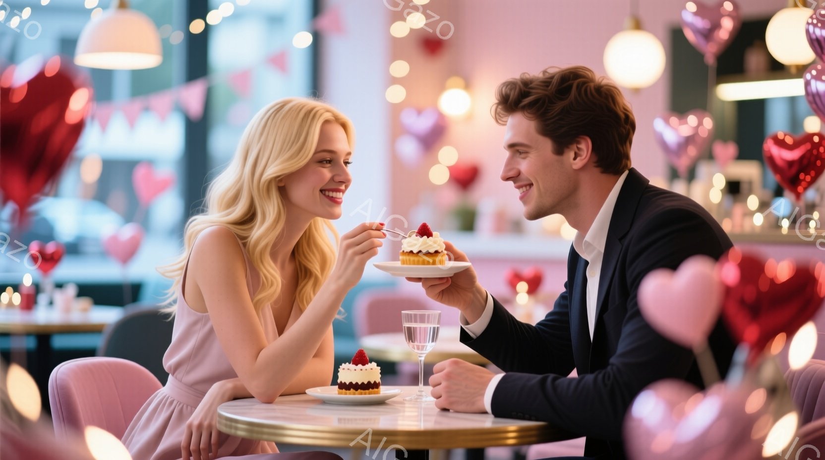 長いブロンドヘアを優雅に揺らし、ピンク色のドレスを着た女性が、男性が差し出したイチゴの乗った小さなケーキをフォークで受け取ろうとしている。男性は黒いスーツを着ており、女性を見つめながらケーキを提供している。背景にはハート型の装飾が施された、明るく華やかなカフェの様子が見え、温かくロマンチックな雰囲気が漂っている。