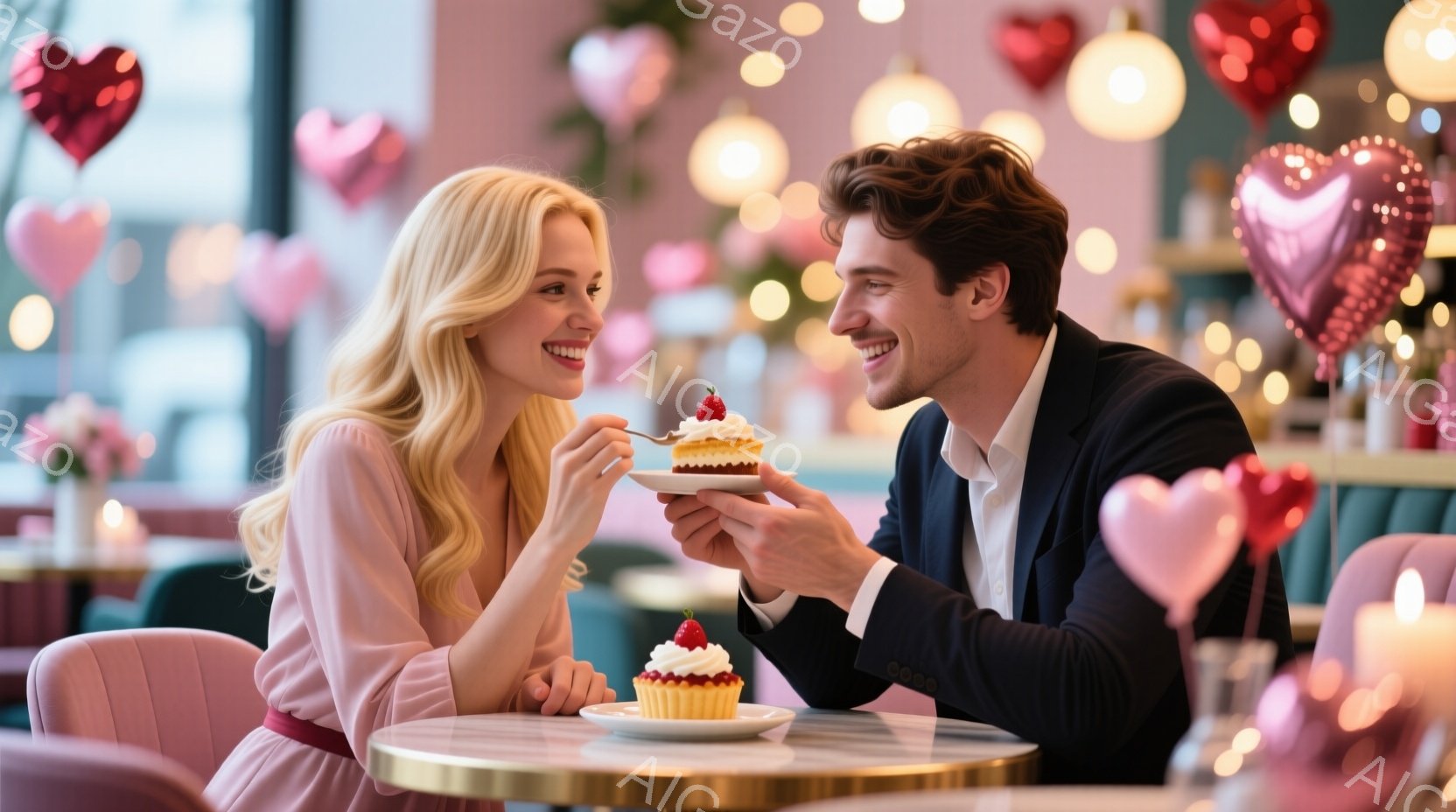 金髪で巻き髪の女性は、ピンク色のドレスを着て微笑んでいます。男性は黒いスーツを着ており、女性に向かって小さなケーキを差し出しています。背景にはハート型の装飾が浮遊し、明るくロマンチックな雰囲気のレストランのようです。