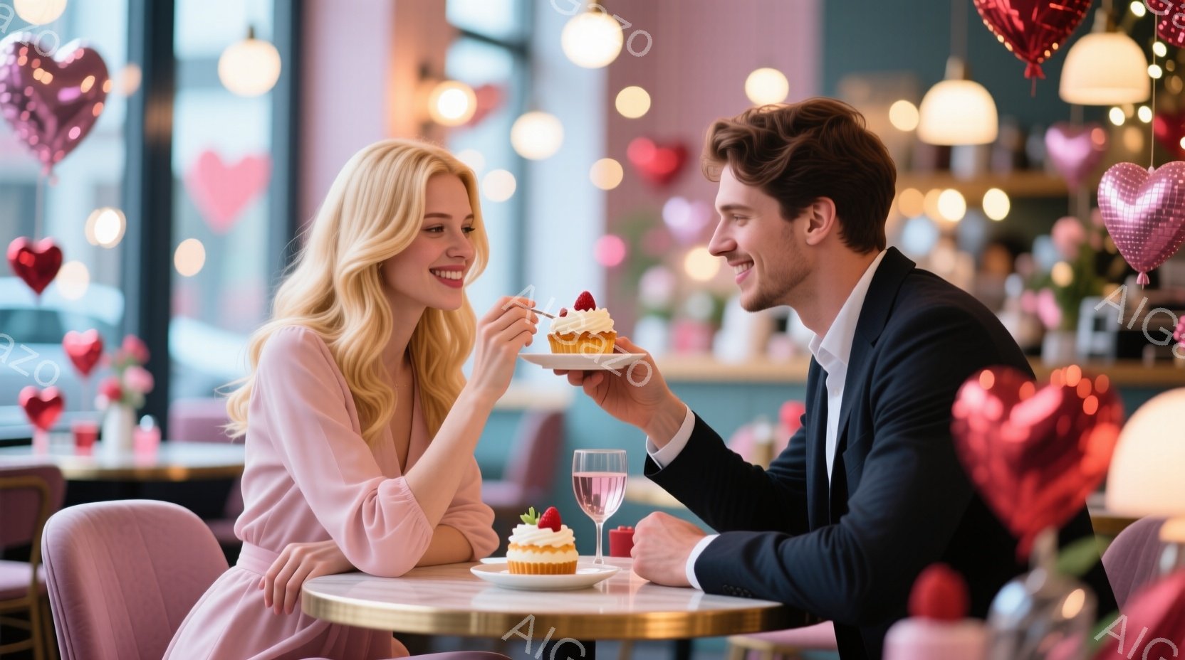 明るいピンクのドレスを着た女性が、笑顔でケーキを受け取ろうとしている。男性は黒いスーツで、優しくケーキを差し出している。背景にはハート型の飾り付けがあり、レストランのような場所で、ロマンチックで幸せな雰囲気が漂っている。