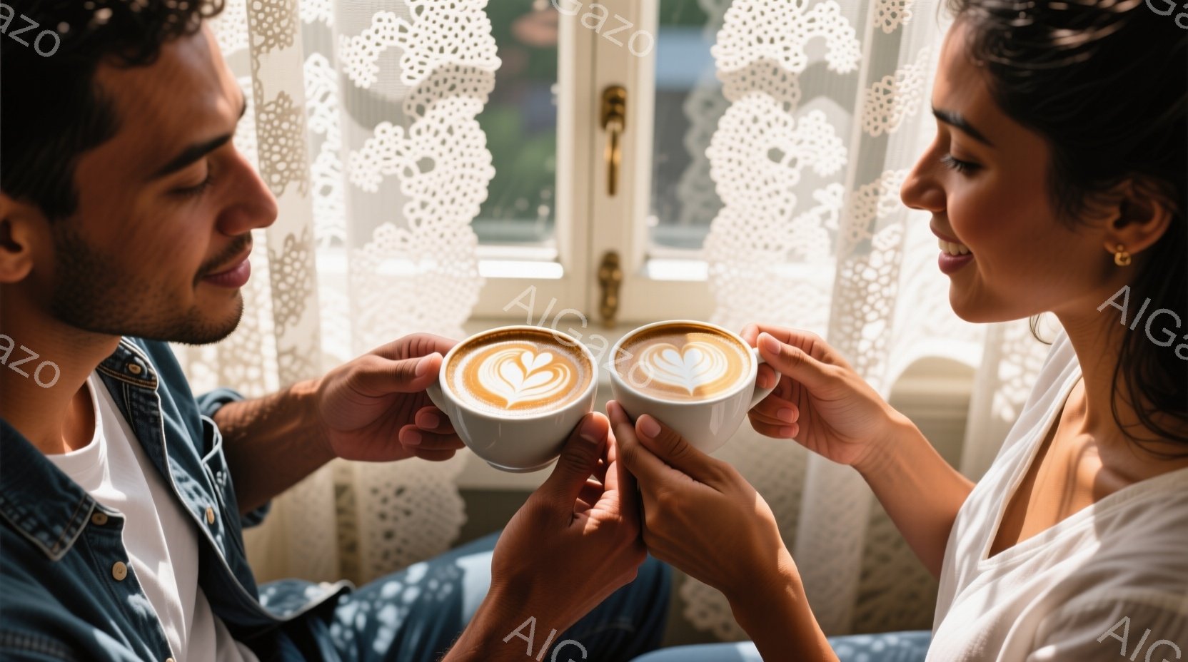 一対のカップが互いに向かい合って掲げられており、それぞれの表面にはハートの模様が描かれたラテアートが施されている。男性は青い花柄のシャツを着ており、女性は白いトップスを着て、それぞれ微笑んでいる。背景 - AI生成フリー素材