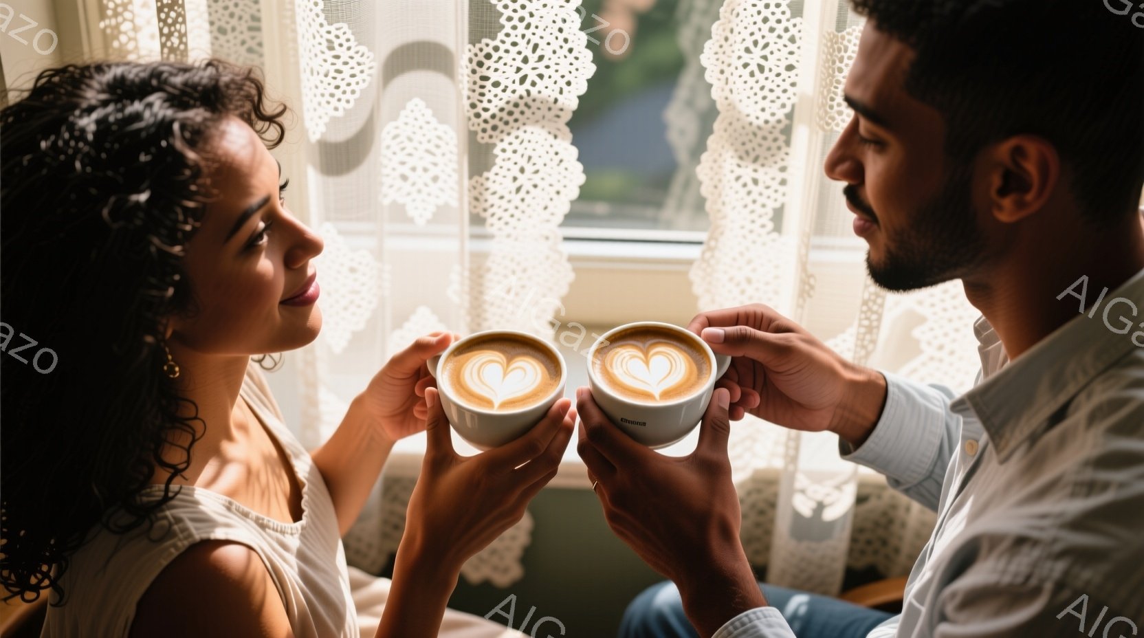長い巻き毛の女性と髭を生やした男性が、互いに向かい合い、ハートのラテアートが施されたコーヒーカップを掲げています。女性は白い肩出しのブラウスを着ており、男性は薄いグレーのシャツを着ています。背景にはレ - AI生成フリー素材
