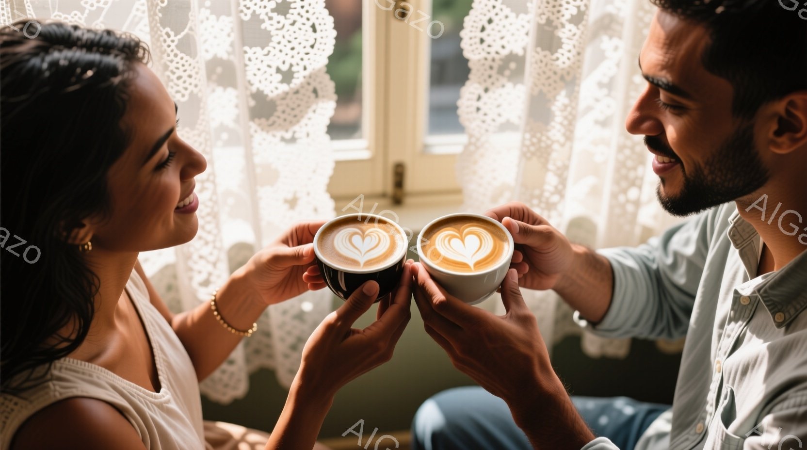 長い巻き毛の女性と髭を生やした男性が、互いにコーヒーカップを掲げて微笑んでいます。カップにはそれぞれハートの模様が描かれたラテアートが施されています。背景にはレース編みのカーテンと、ぼやけた街並みが見 - AI生成フリー素材