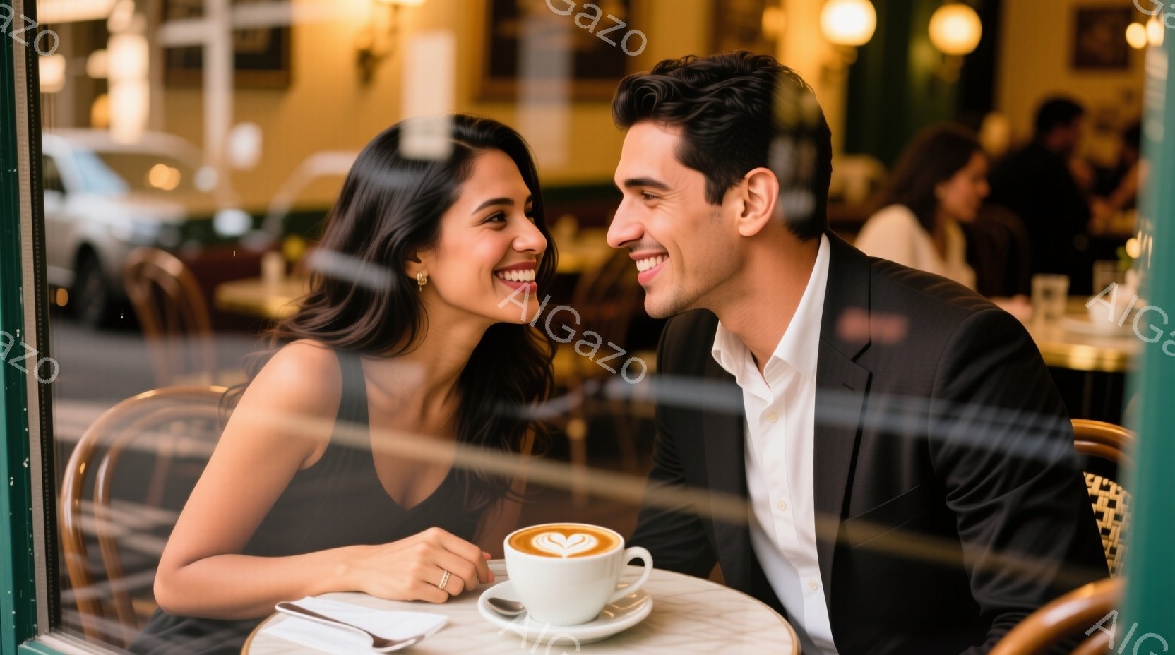 カフェの窓際の席で向かい合って微笑む若い男女が写っています。女性は黒いドレスを着ており、ロングヘアを肩に掛けています。男性は白いシャツに黒いジャケットを着ており、二人とも幸せそうで、カフェの温かい雰囲 - AI生成フリー素材