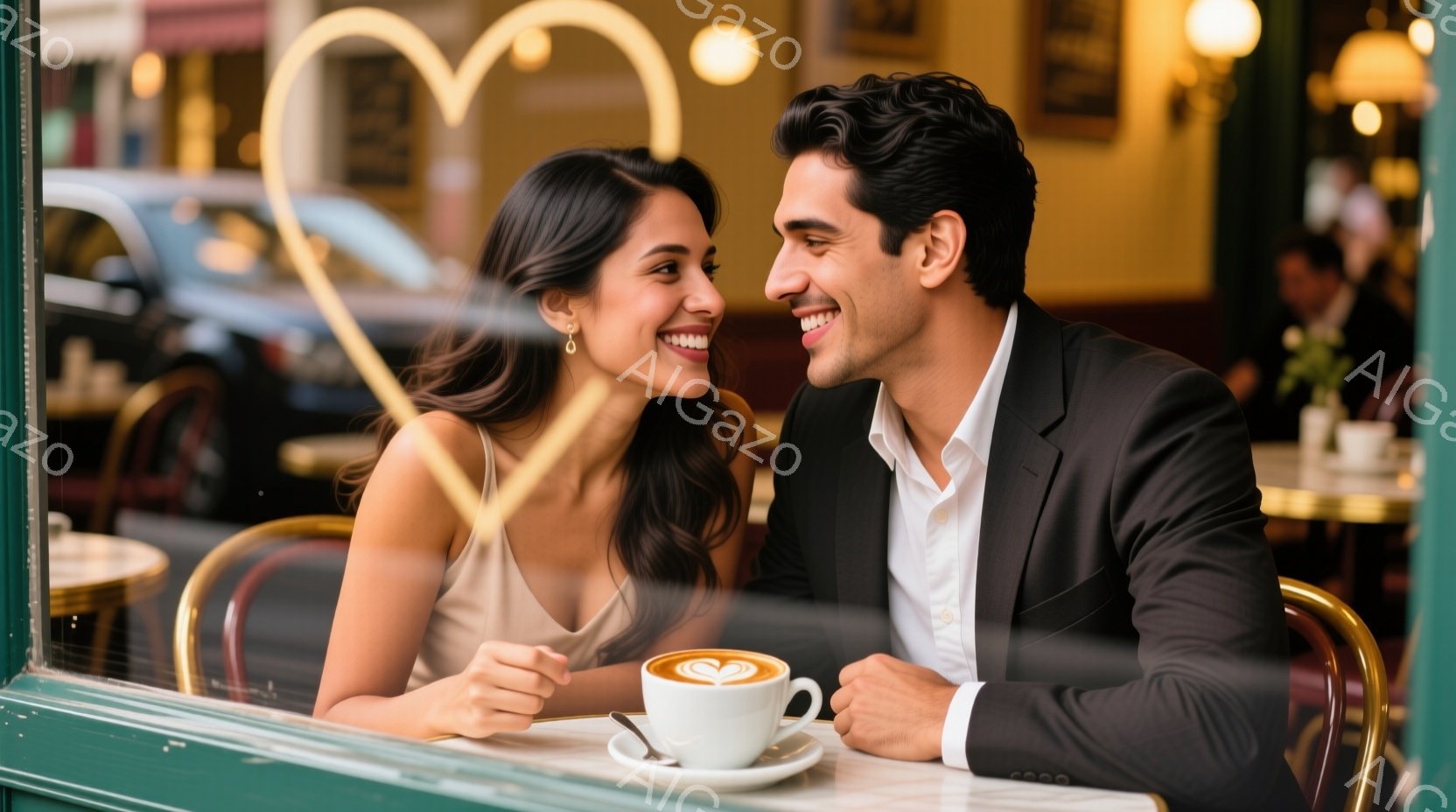 カフェの窓際に座る男女が写っています。女性はベージュ色のキャミソールに、茶色のロングヘアを肩にかけた姿で、微笑んでいます。男性は白いシャツに黒いジャケットを着ており、女性を見て優しく微笑み、二人は親密 - AI生成フリー素材