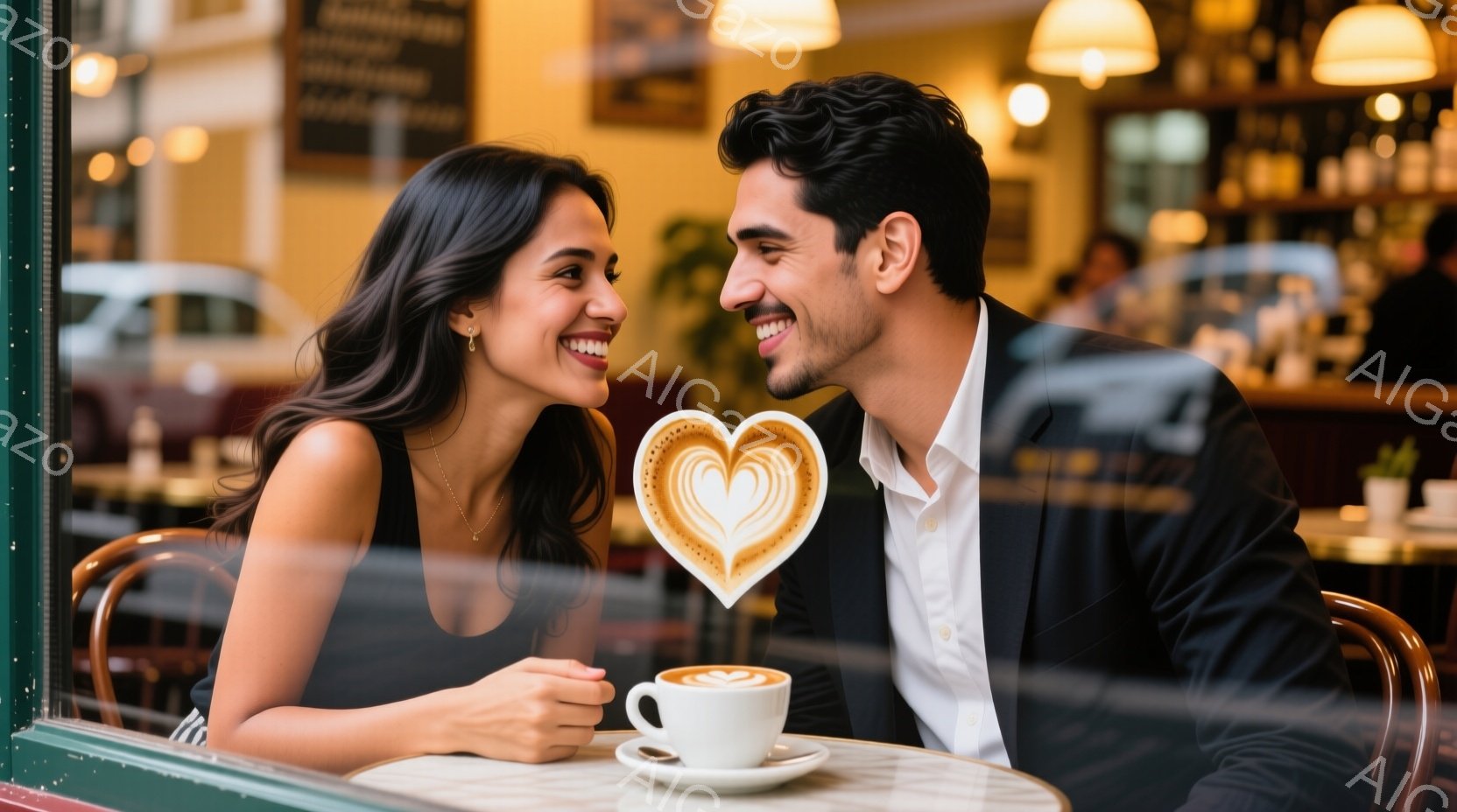 窓際のカフェで、若い男女が向かい合って微笑み合っている。女性はダークカラーのトップスを着ており、ロングヘアを肩にかけ、男性は黒のスーツに身を包み、整った髪をしている。背景にはカフェのカウンターや他の客 - AI生成フリー素材