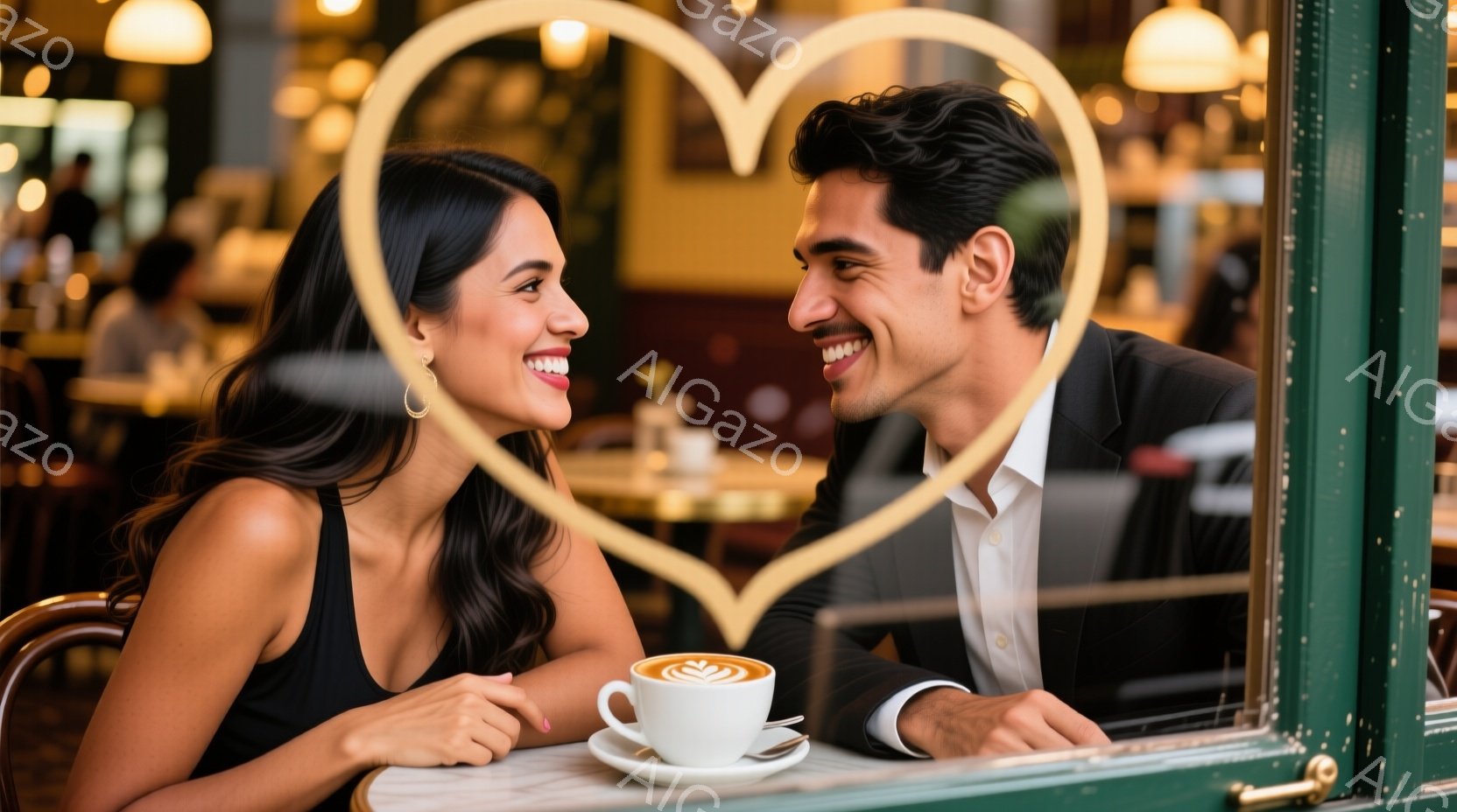見つめ合う男女が写っており、互いに微笑み合っています。女性は黒いキャミソールを着て髪を後ろに流し、男性は白いシャツに黒いジャケットを着ています。背景にはカフェのぼやけた様子が見え、テーブルの上にはコーヒーカップが置かれ、温かく親密な雰囲気が漂っています。