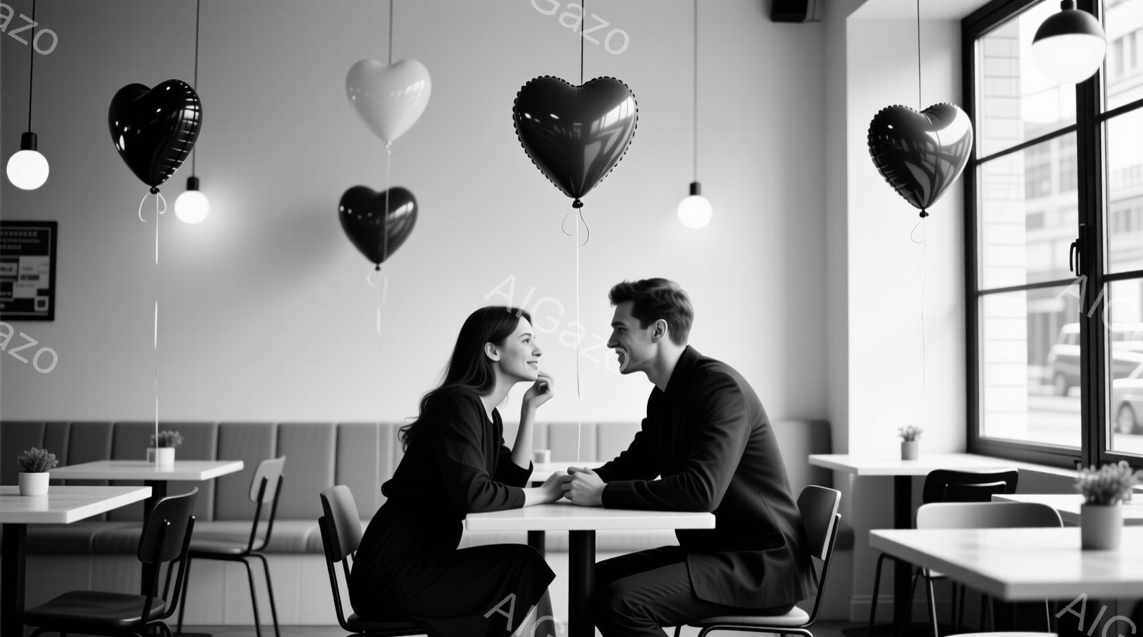 一対の男女がカフェのテーブルを挟んで向き合って座っており、互いに微笑み合っています。女性は黒い髪を背中に垂らし、黒いトップスを着ており、男性はダークスーツを着ています。背景には窓の外の建物が見え、カフェ内にはテーブルと椅子が並び、黒と白のハート型の風船が吊るされています。