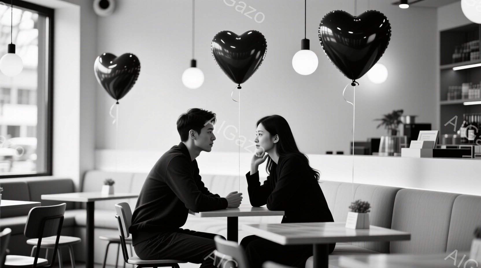 カフェのような場所で向かい合って座っている若い男女が写っています。男性は黒いシャツとズボンを着用し、女性は黒いセーターを着ており、それぞれ落ち着いた表情で互いを見つめています。背景には、棚に並べられた瓶や、窓の外の建物が見え、全体的に静かで親密な雰囲気が漂っています。