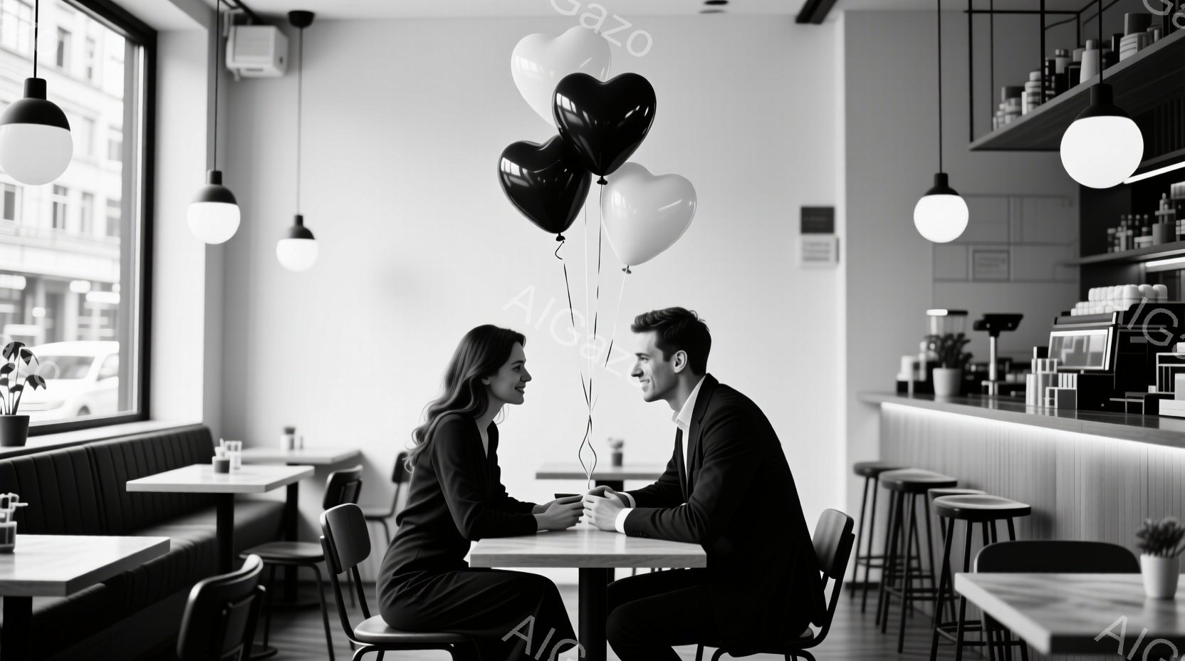 カフェのテーブルを挟んで向かい合って座る男女が写っています。女性は長い茶色の髪で黒いドレスを着ており、男性は黒いスーツを着ています。二人は笑顔で互いを見つめ、テーブルの上には黒と白の風船が浮かんでいます。