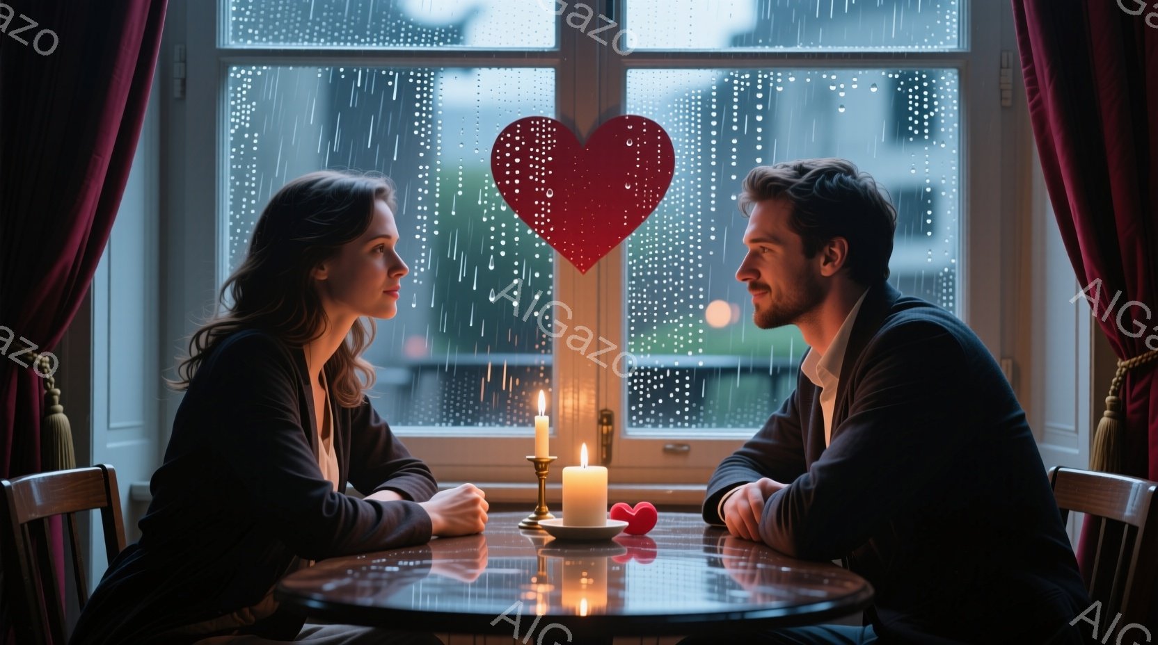 長い髪を後ろにまとめた女性と、髭を生やした男性が円形のテーブルを挟んで向かい合って座っています。テーブルの上には、数本の燃えるキャンドルと赤いハート型の飾りがあり、窓の外は雨が降り、ぼやけた建物が見え - AI生成フリー素材