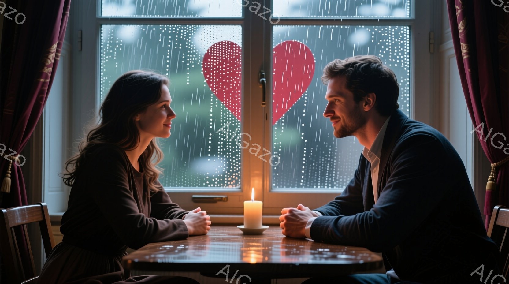 長い茶色の髪を後ろにまとめた女性と、ダークスーツを着た男性が、丸いテーブルを挟んで向かい合って座っている。窓の外は雨が降り、窓ガラスには雨粒が並び、その向こうには赤いハート型のオブジェが見える。テーブルの上には灯りのともったキャンドルが置かれ、室内は暖かく、ロマンチックな雰囲気を醸し出している。