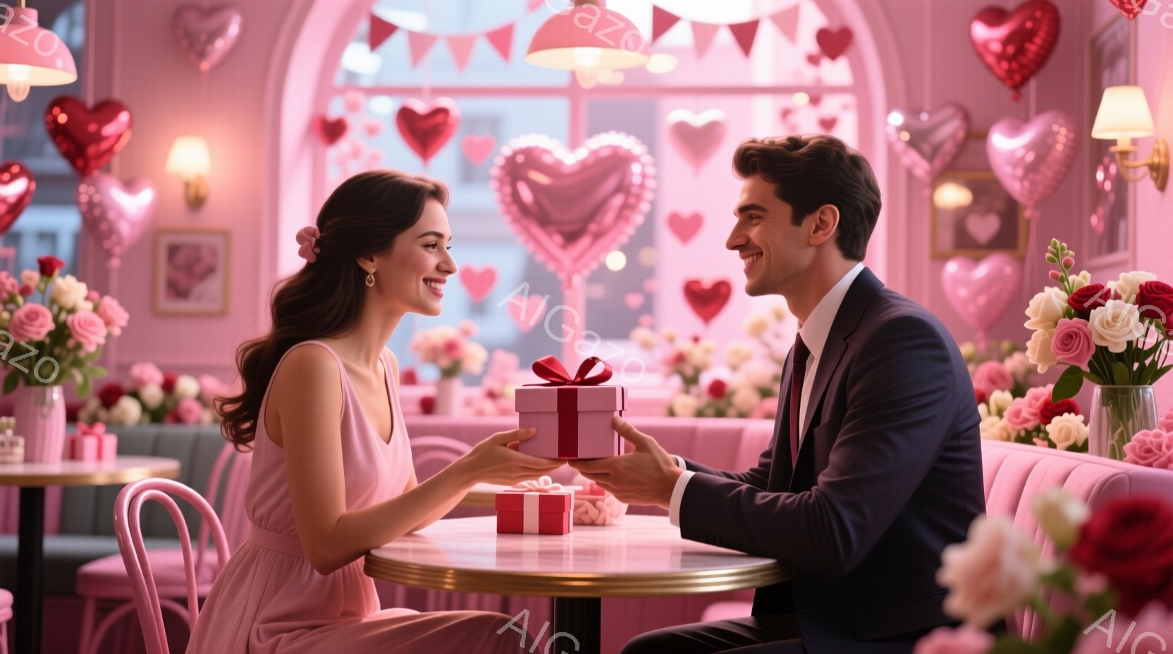 柔らかなピンク色の背景の中で、一対のカップルが愛を交わしています。女性はピンクのドレスを着て髪を優雅にまとめ、微笑みながらプレゼントを受け取ろうとしています。男性は紺色のスーツを着て、温かい笑顔で女性 - AI生成フリー素材