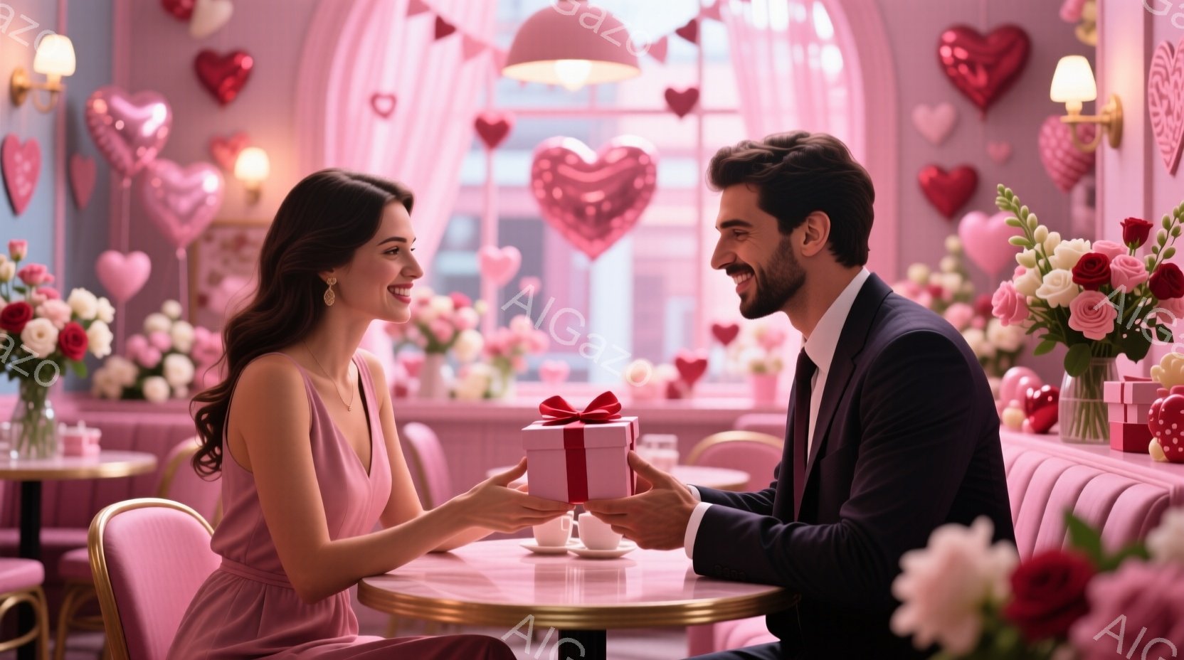 ピンク色の背景に、若い男女がレストランでプレゼント交換をしている場面です。女性はピンク色のドレスを着ており、長くウェーブのかかった髪型で、微笑んでいます。男性は黒いスーツを着ており、女性に赤いリボンで結ばれたプレゼントを差し出しており、優しい笑顔を浮かべています。