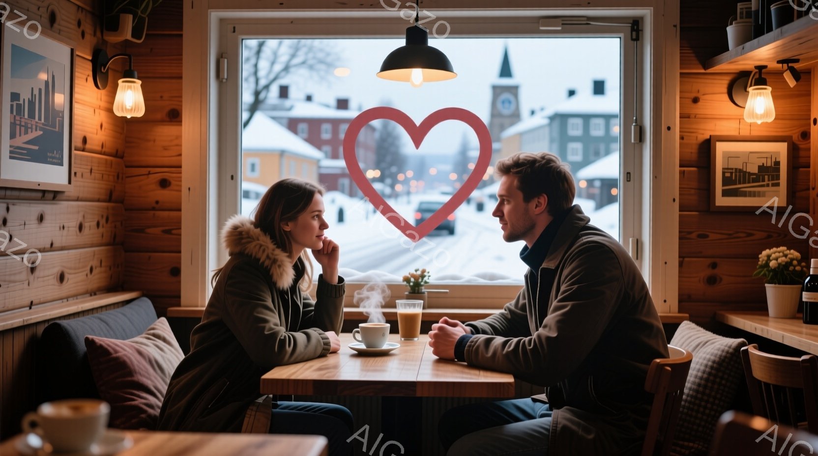 一対の男女がカフェの窓際の席で向かい合って座っています。女性はファー付きの襟のついたジャケットを着ており、髪を後ろでまとめています。男性は紺色のセーターを着ており、女性に視線を向け、真剣な表情をしてい - AI生成フリー素材