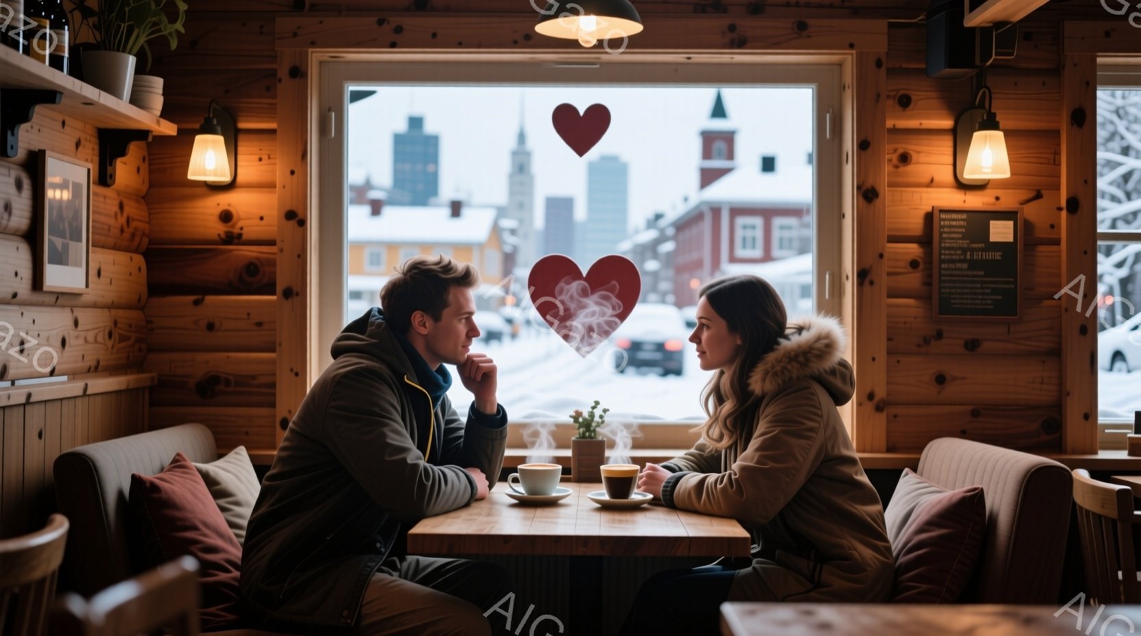 温かい木製のインテリアのカフェで、一対の男女が向かい合って座っています。男性は濃い青色のセーターを着て顎に手を当て、女性は茶色の毛皮の襟付きジャケットを着て、男性を見つめています。背景には雪景色と、可 - AI生成フリー素材