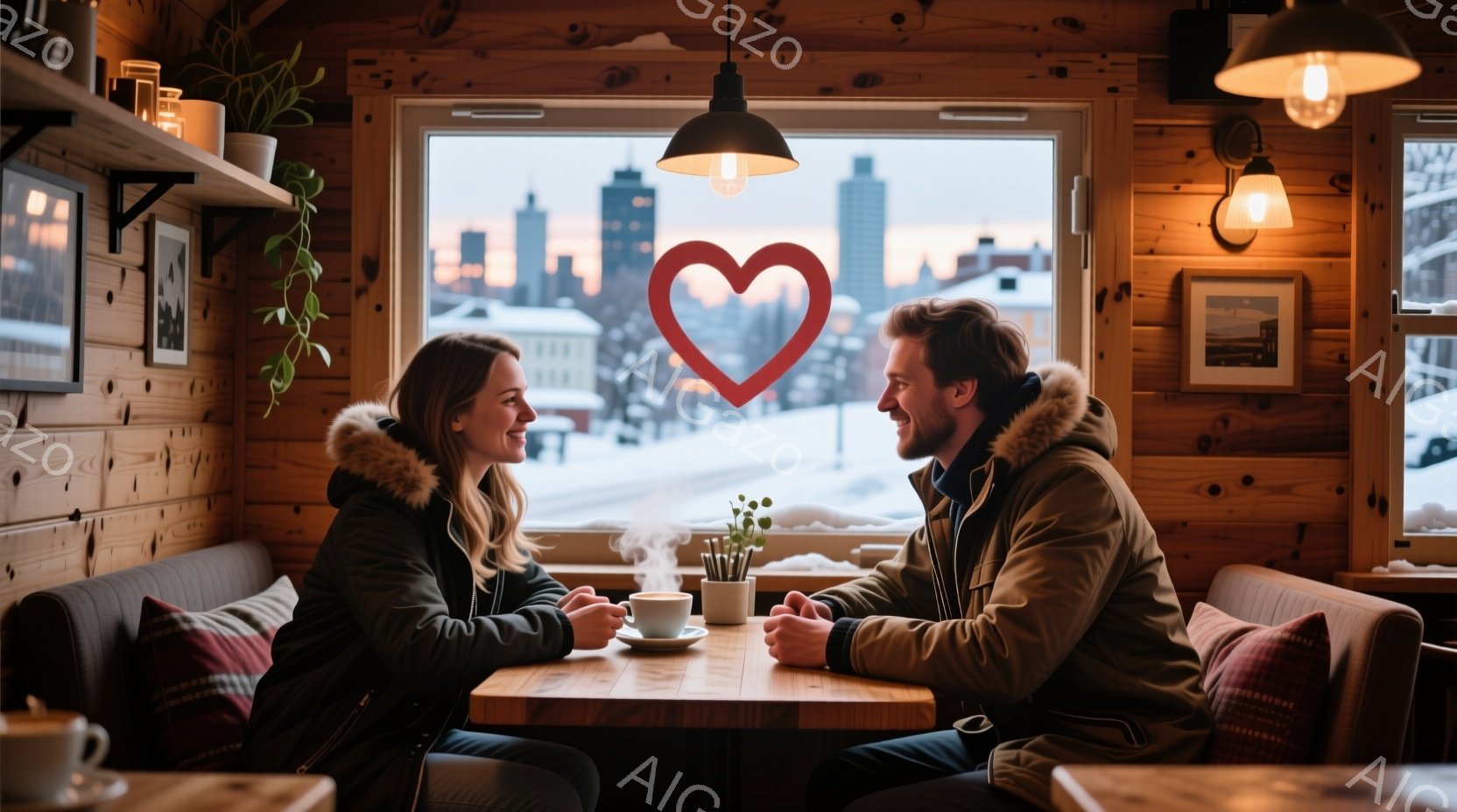 暖炉のある木造のカフェで、若い男女が向かい合って座っています。女性は茶色の長い髪で、黒い冬のジャケットを着て微笑んでいます。男性はひげを生やし、フード付きのジャケットを着て、女性を見つめています。背景 - AI生成フリー素材