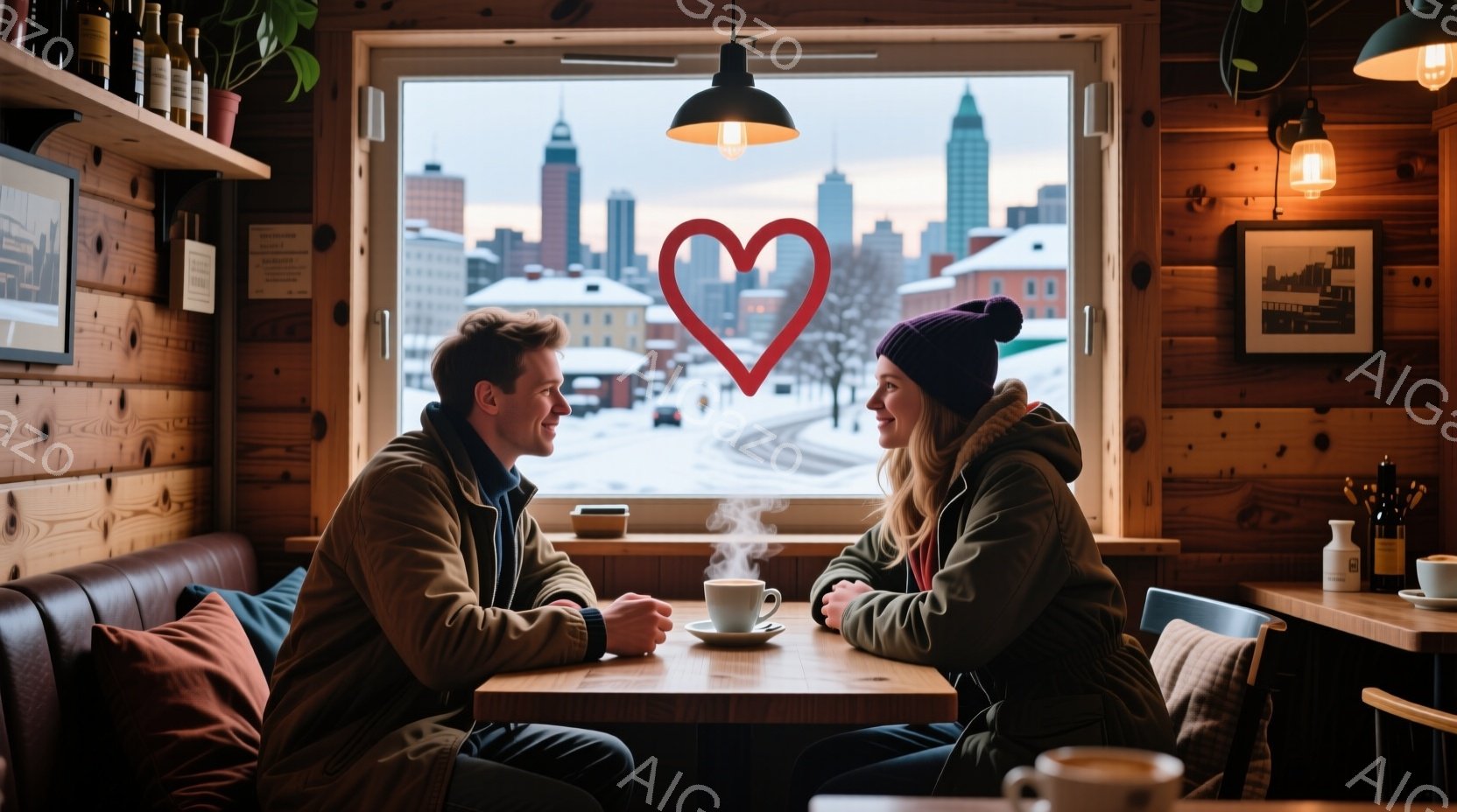 暖炉のあるカフェのような場所で、若い男女が向かい合って座っています。男性は紺色のジャケットを着ており、女性は赤いニット帽と茶色のジャケットを着ています。背景には雪景色が広がり、遠くに建物が見えます。 - AI生成フリー素材