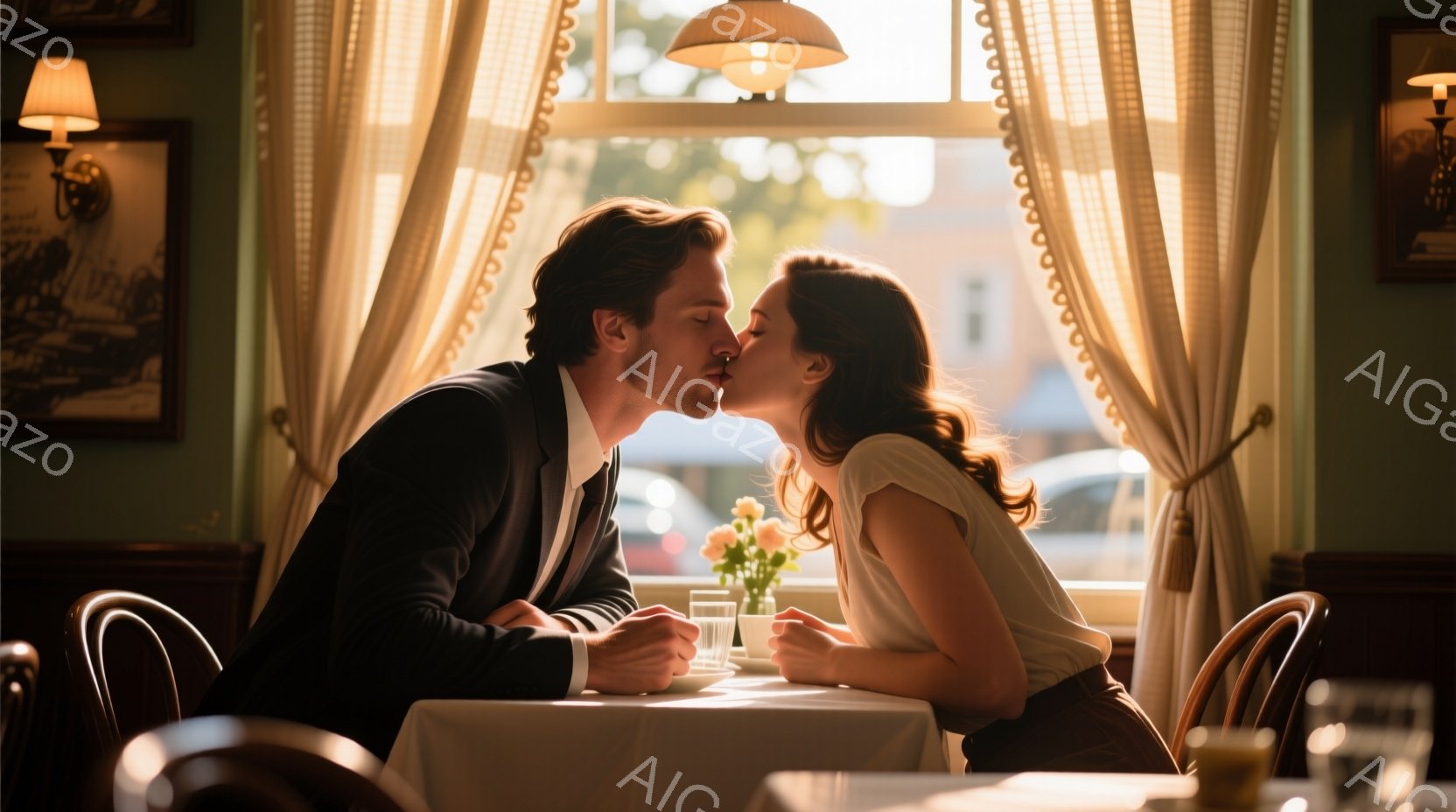 窓際のテーブルでキスをする男女が写っている。男性は黒いスーツにネクタイ、女性は白いトップスに茶色のパンツという装い。背景には、ぼやけた街並みが広がり、暖かくロマンチックな雰囲気が漂っている。 - AI生成フリー素材