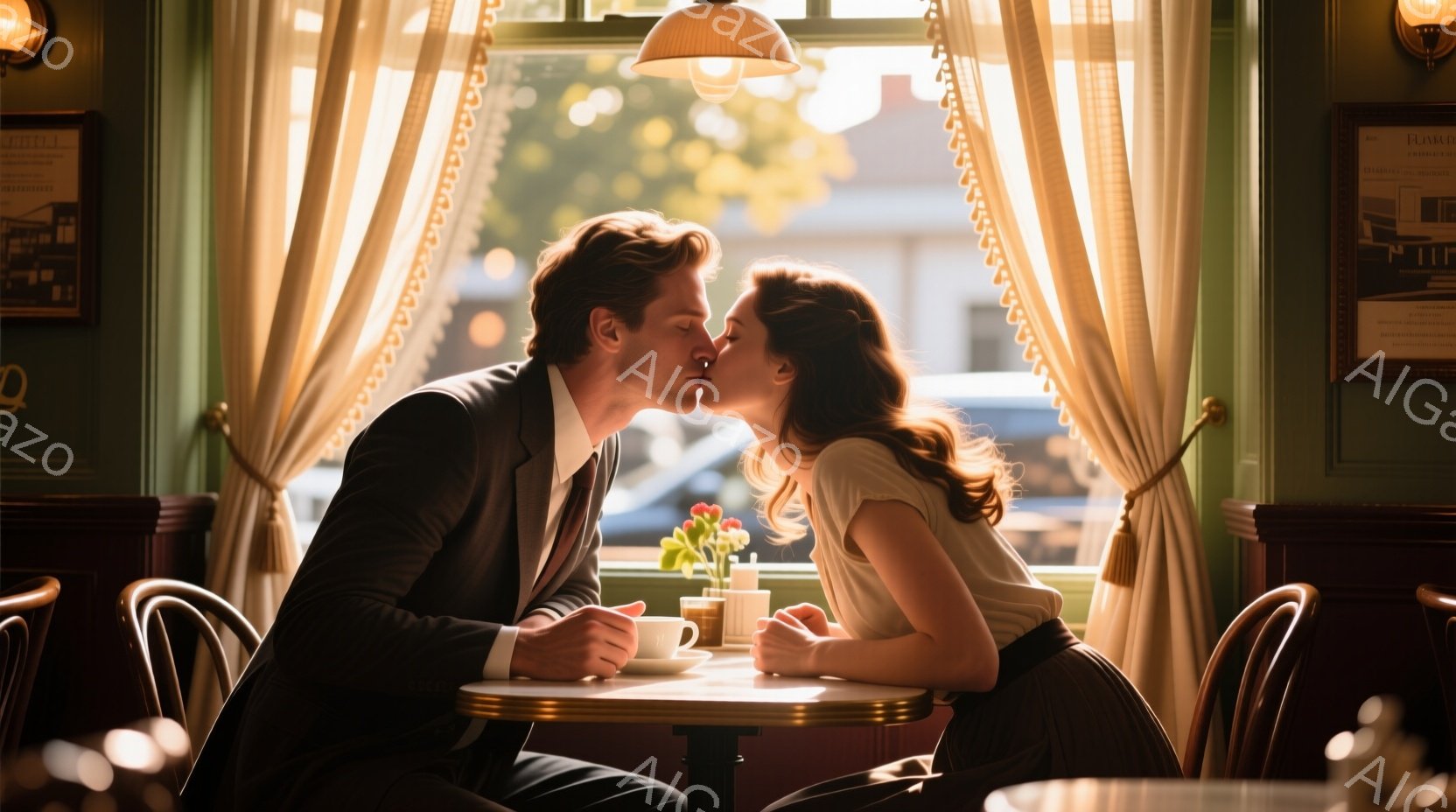 画面には、カフェのテーブル席でキスをする男女が写っています。男性は黒いスーツを着ており、女性はクリーム色のトップスとダークグリーンのスカートを着用し、髪は緩やかにウェーブしています。背景には、窓から差 - AI生成フリー素材