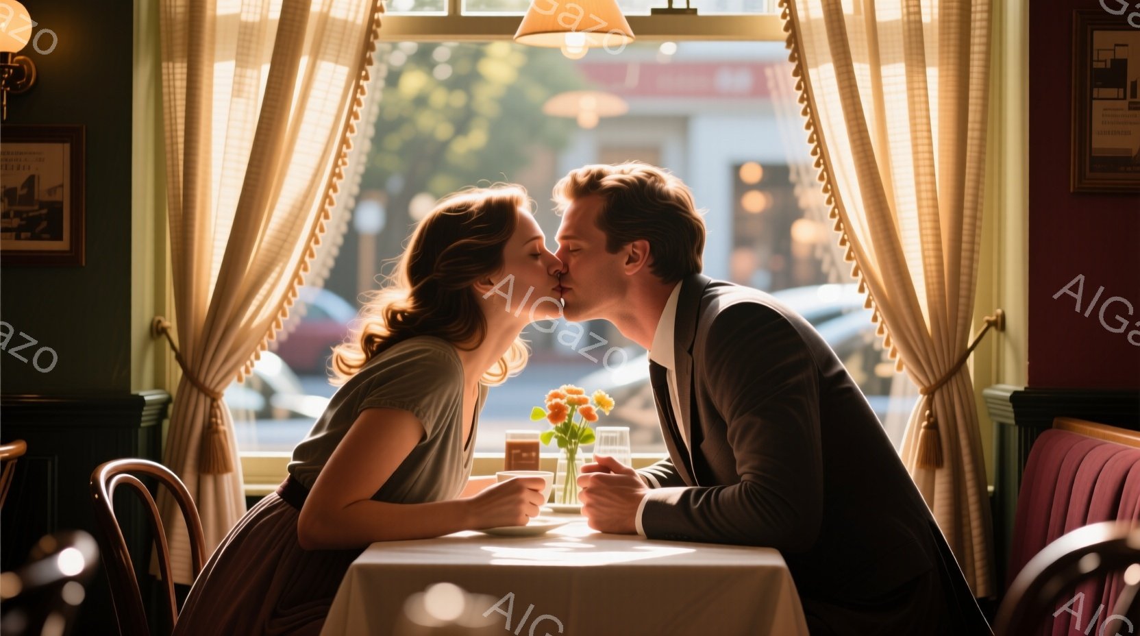 暖かな光が差し込むカフェで、一対の男女がキスを交わしている。女性は肩までの茶色の髪で、薄い灰色のドレスを着ており、男性は黒いスーツを着ている。背景にはぼやけた街並みが見え、全体的にロマンチックで穏やか - AI生成フリー素材