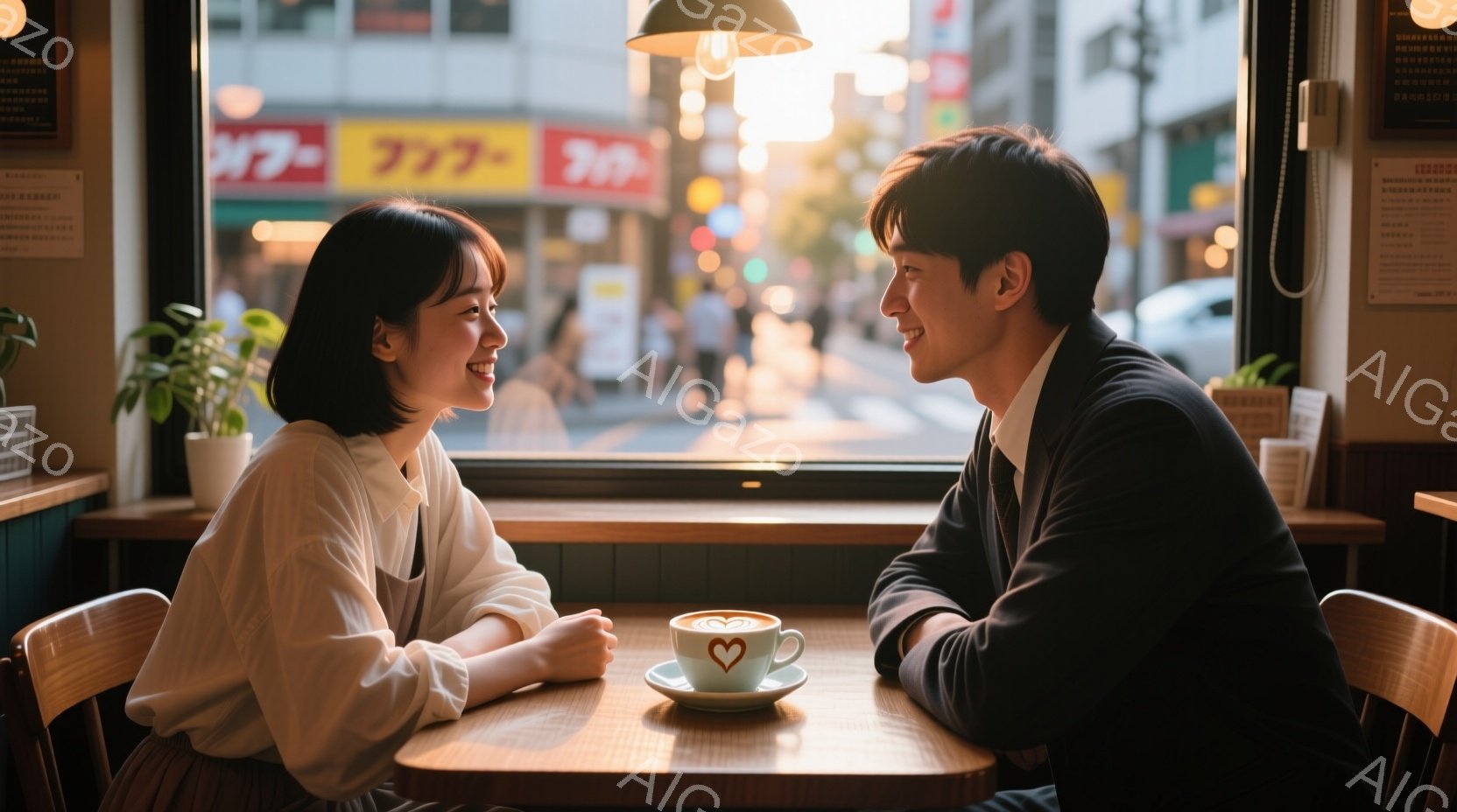 若い女性と男性がカフェの窓際の席で向かい合って座り、微笑み合っています。女性は明るい色のブラウスに短い髪型で、男性は黒いスーツを着ています。背景には賑やかな街並みと、カフェのメニューが少し見え、穏やか - AI生成フリー素材