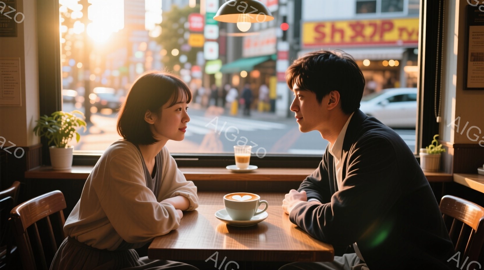 若い女性と男性がカフェの窓際の席で向かい合って座っています。女性は明るい色のセーターを着て、短めの髪型で、穏やかな表情をしています。男性はダークスーツを着ており、真剣な眼差しで女性を見つめています。