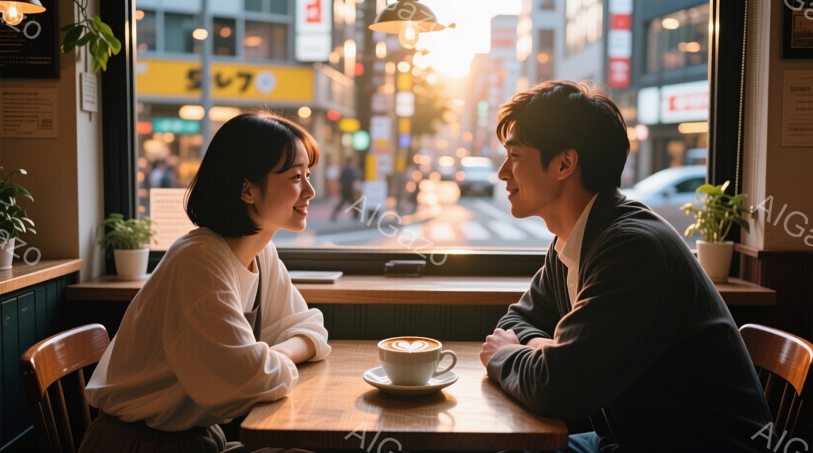 窓際のカフェで男女が向かい合って座っており、穏やかな表情で互いを見つめ合っています。女性はオフホワイトのブラウスを着ており、短めのボブヘアです。男性はダークカラーのスーツで、腕をテーブルに置き、少し微 - AI生成フリー素材