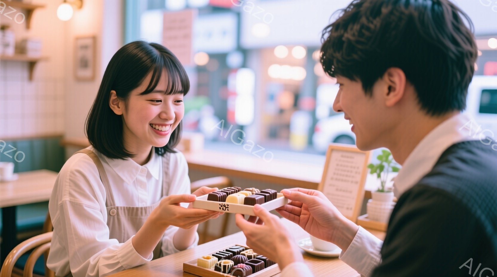 若い女性が明るい笑顔で、男性からチョコレートの詰め合わせを受け取ろうとしている場面だ。女性は白いシャツを着ており、肩までの長さの黒髪を耳にかけている。背景にはカフェのカウンターやメニュー、観葉植物が見 - AI生成フリー素材