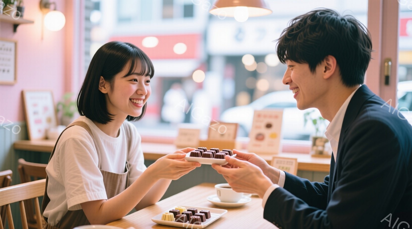 窓際のテーブルで、若い女性と男性がチョコレートの盛り合わせを見つめ合い、微笑んでいます。女性は明るいベージュのオーバーオールに白いTシャツ、短く切り揃えられた黒髪で、男性は黒いジャケットを着ています。背景には、ぼやけた街並みと、木製のテーブル、白いカップ、チョコレートが並び、暖かく親密なカフェの雰囲気が漂っています。