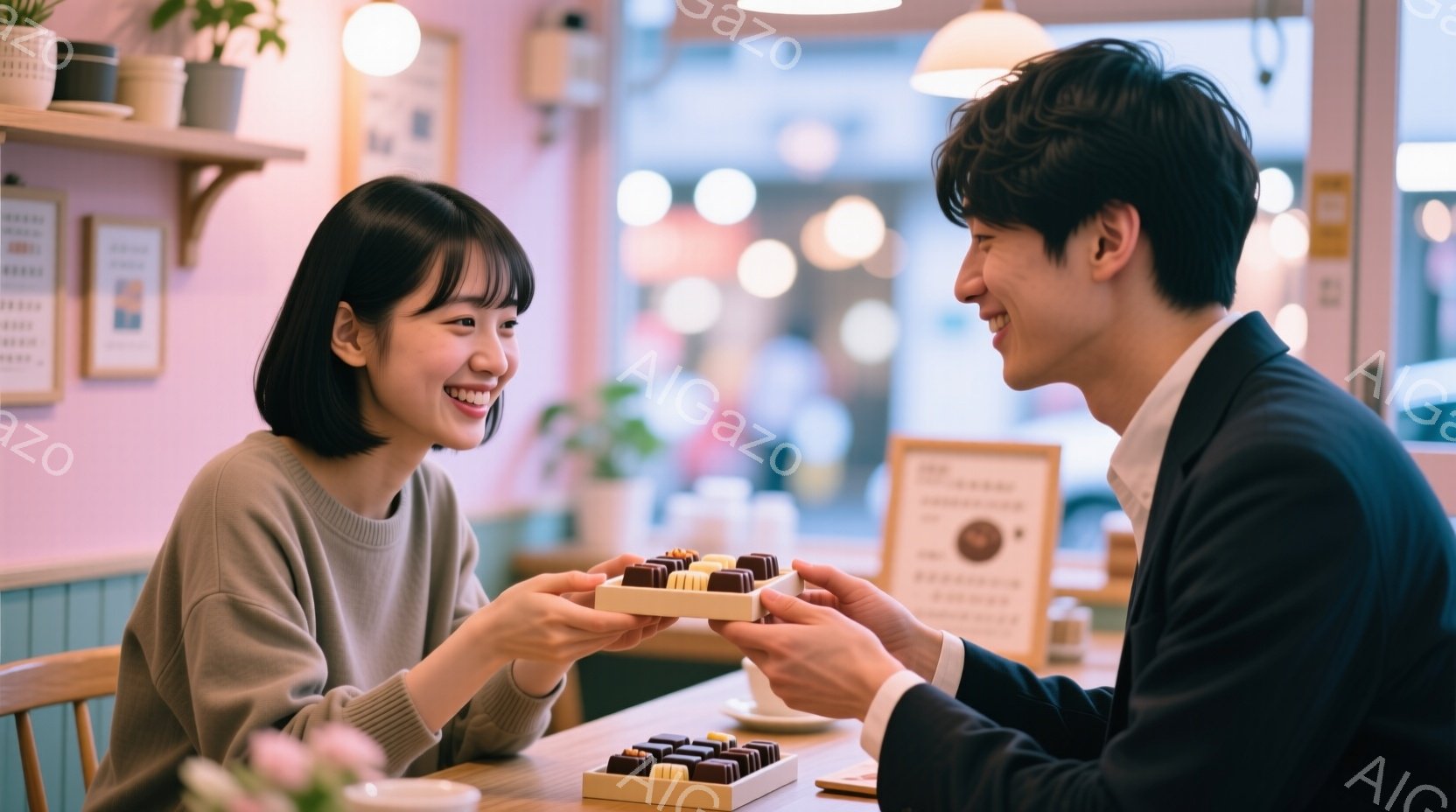 若い女性と男性がテーブルを挟んで向き合い、男性が女性にチョコレートの箱を差し出している。女性は短い茶色の髪で、グレーのセーターを着て微笑んでおり、男性は黒いジャケットを着て優しく微笑んでいる。背景には - AI生成フリー素材