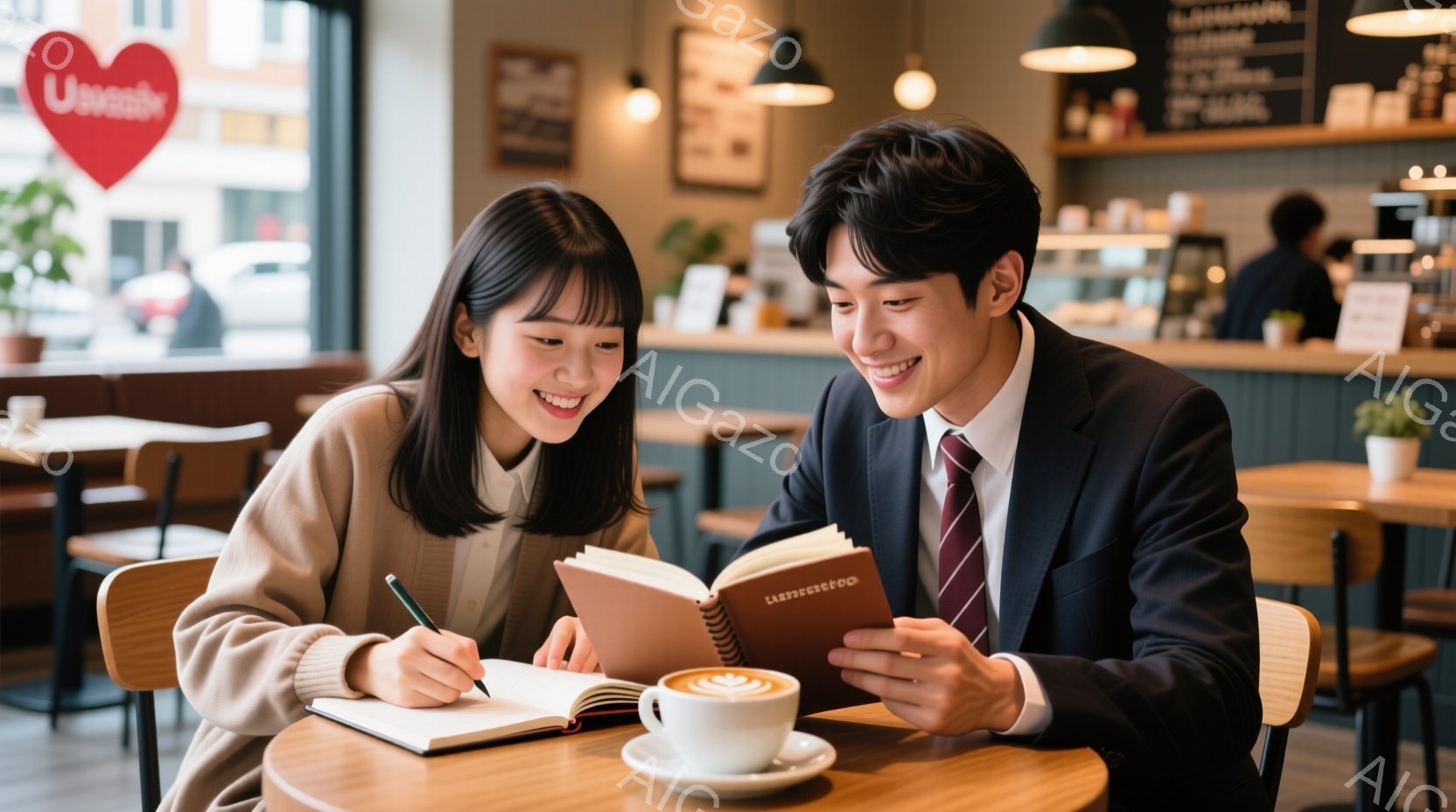 若い女性と男性がカフェで本を見ながら座っています。女性はベージュ色のセーターを着ており、前髪のあるショートヘアです。男性はスーツとネクタイを着ており、穏やかな笑顔を浮かべています。二人は親密な雰囲気で - AI生成フリー素材