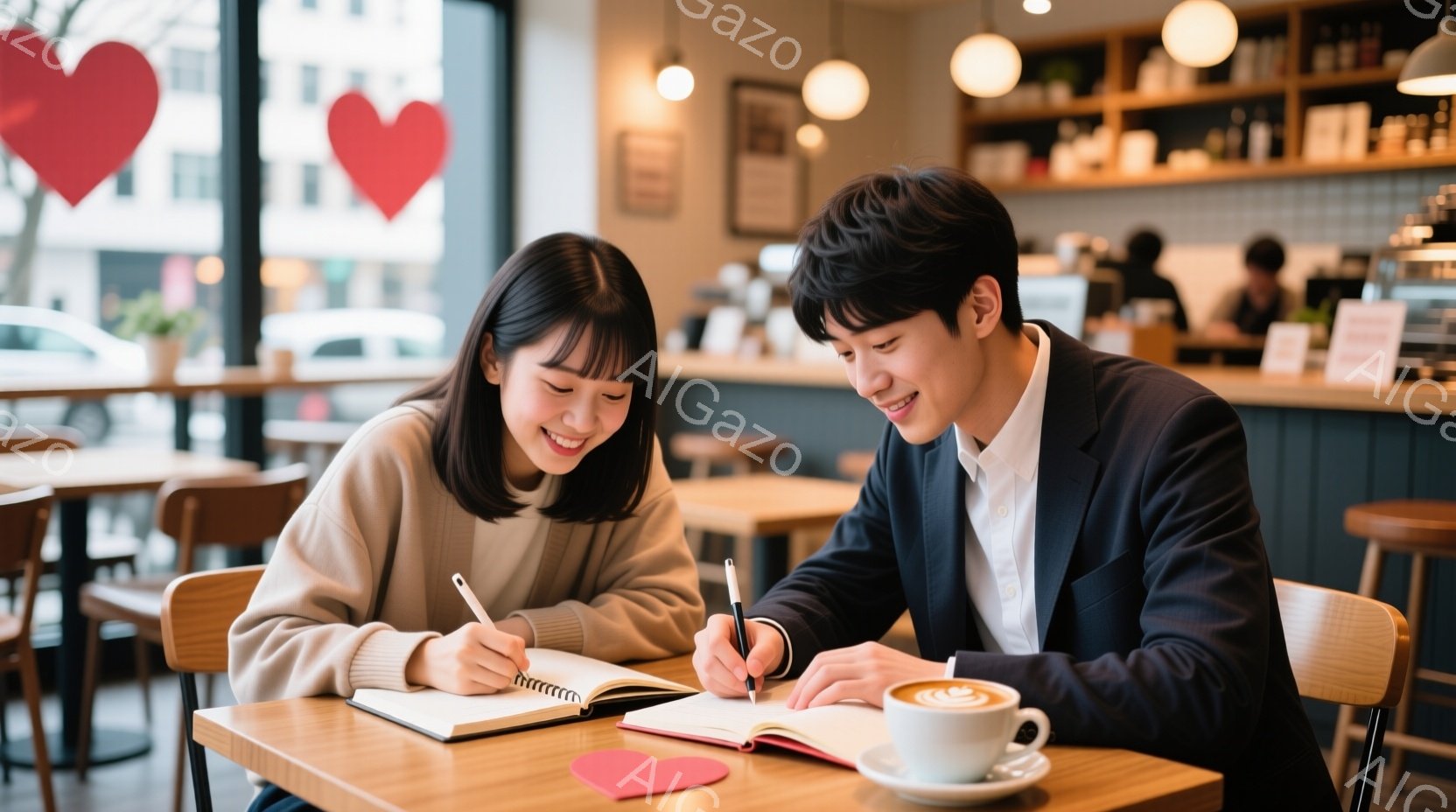 若い女性と男性がカフェのテーブルでノートに向かって何か書き込んでいます。女性は明るい色合いのセーターを着ており、髪は肩までの長さで内側にカールしています。男性はスーツを着ており、ノートに集中して書き込 - AI生成フリー素材