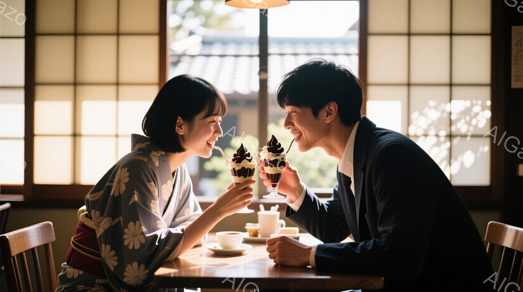 若い男女がカフェで対面して座り、グラスに入ったソフトクリームを嬉しそうに食べている。女性は緑色の花柄の着物を着ており、髪を後ろでまとめて、笑顔を見せている。男性は紺色のスーツを着ており、女性の方を見て微笑んでいる。